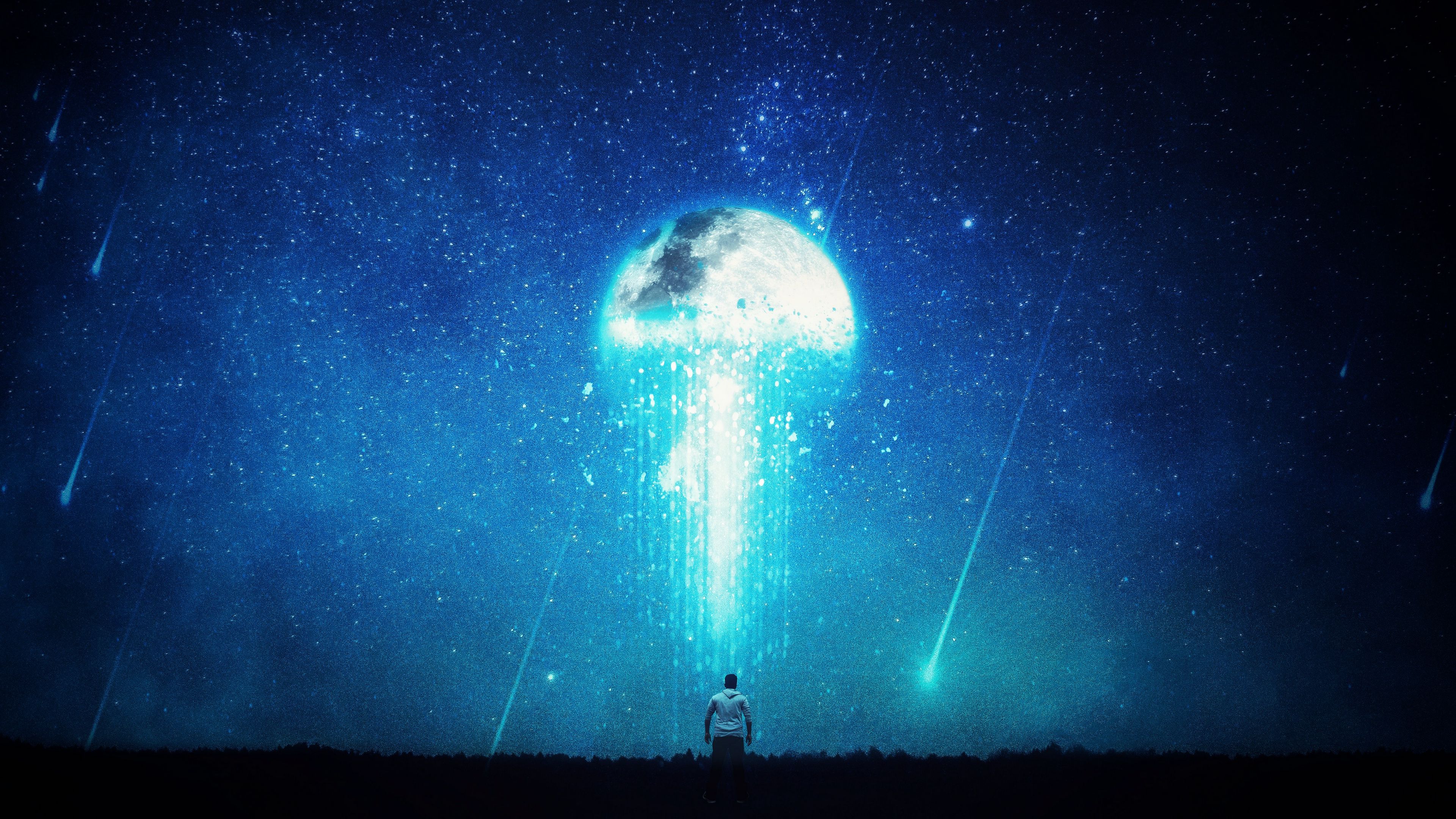 planet, moon, starry sky, man, space, 4k, HD Wallpaper