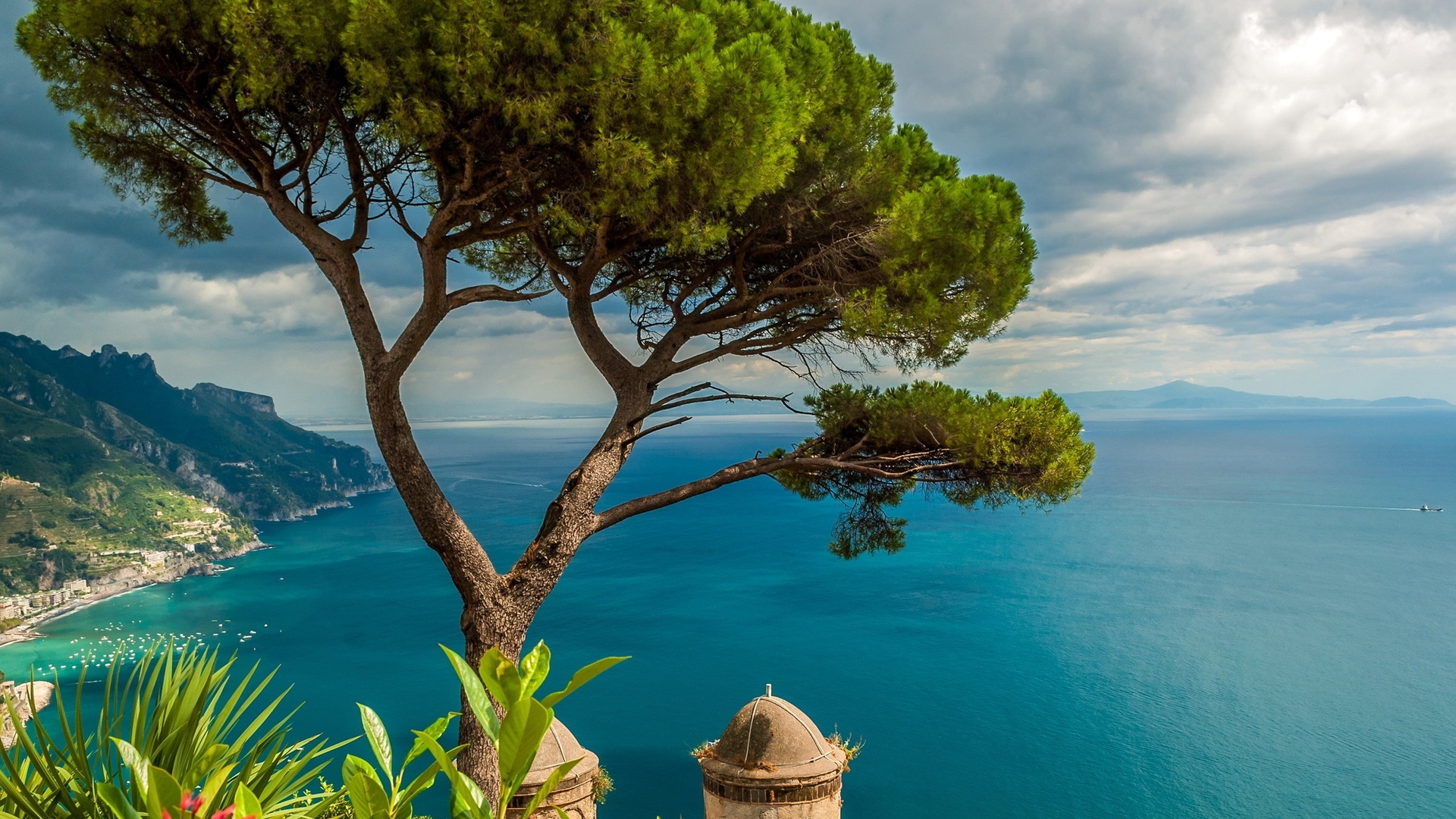 horizon, mountains, nature, trees, clouds, sky, coast, sea, HD Wallpaper