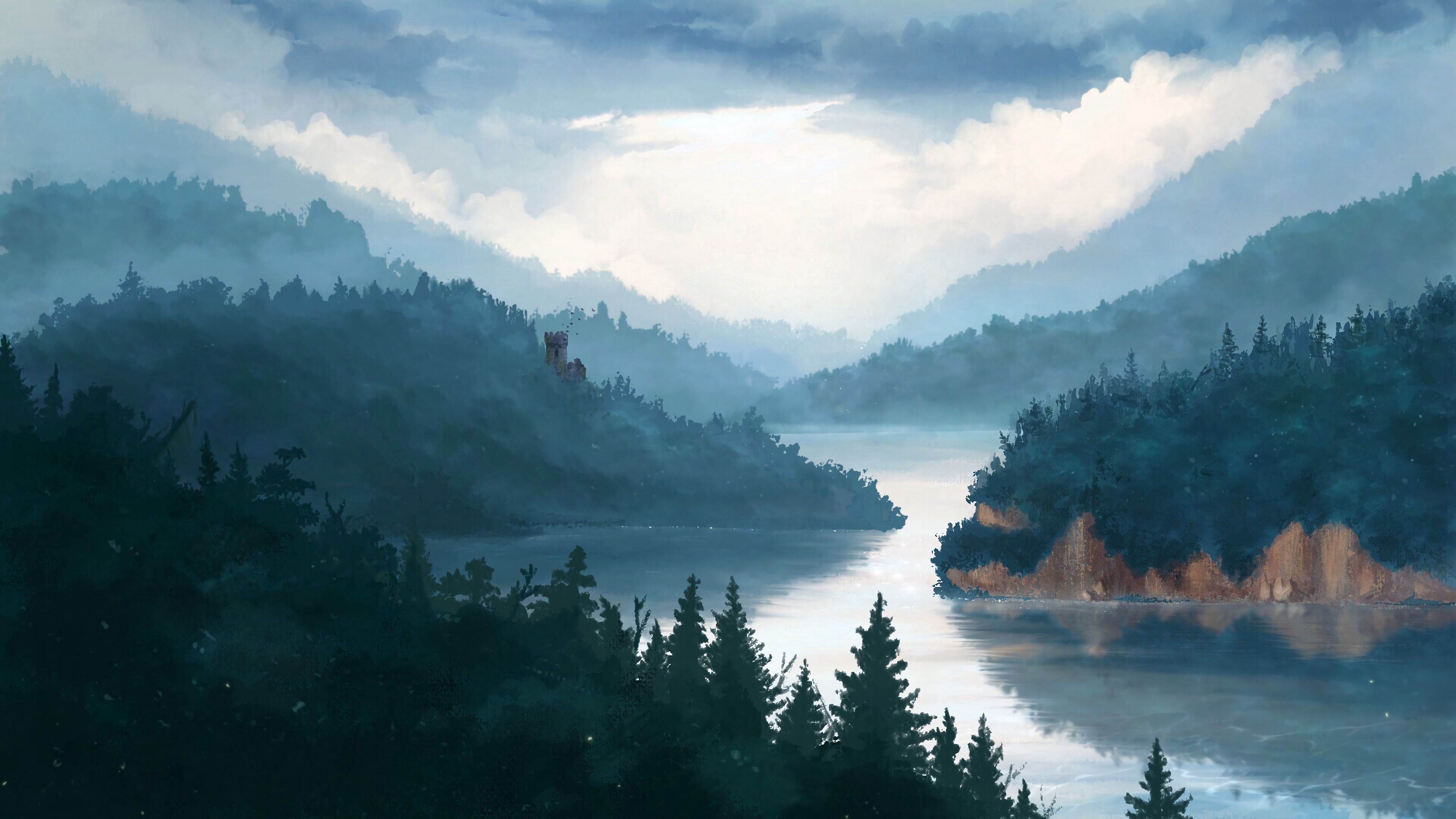 castle, forest, fog, art, 4k, HD Wallpaper