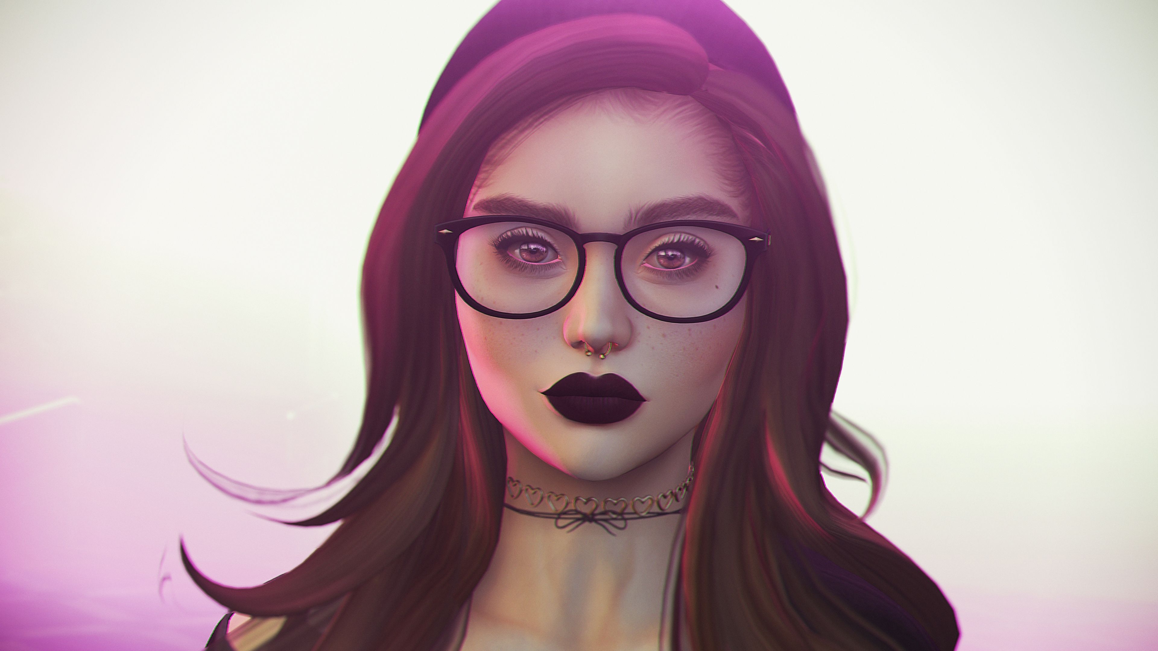 girl, piercing, glasses, face, art, 4k, HD Wallpaper