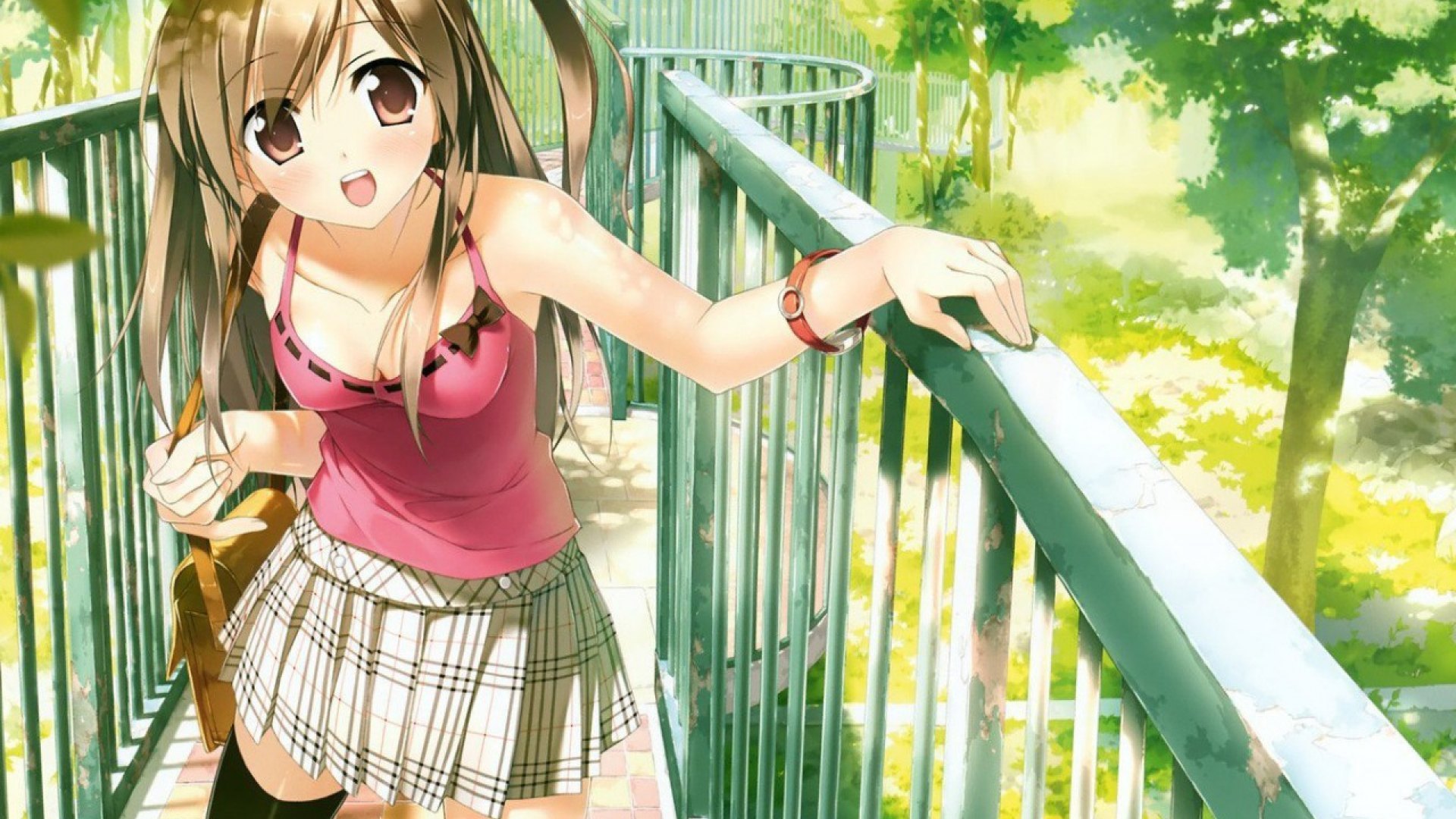 railing, leaves, girl, anime, HD Wallpaper