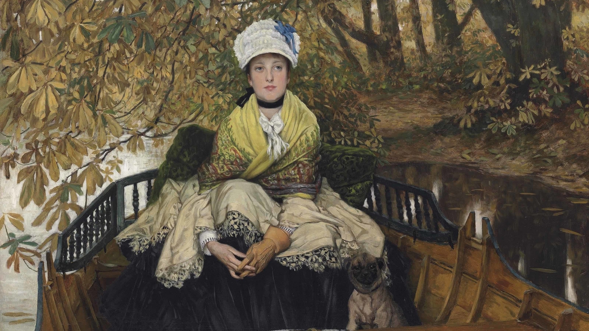 woman, jacques joseph tissot, art, autumn, boat, painting, pictura, HD Wallpaper
