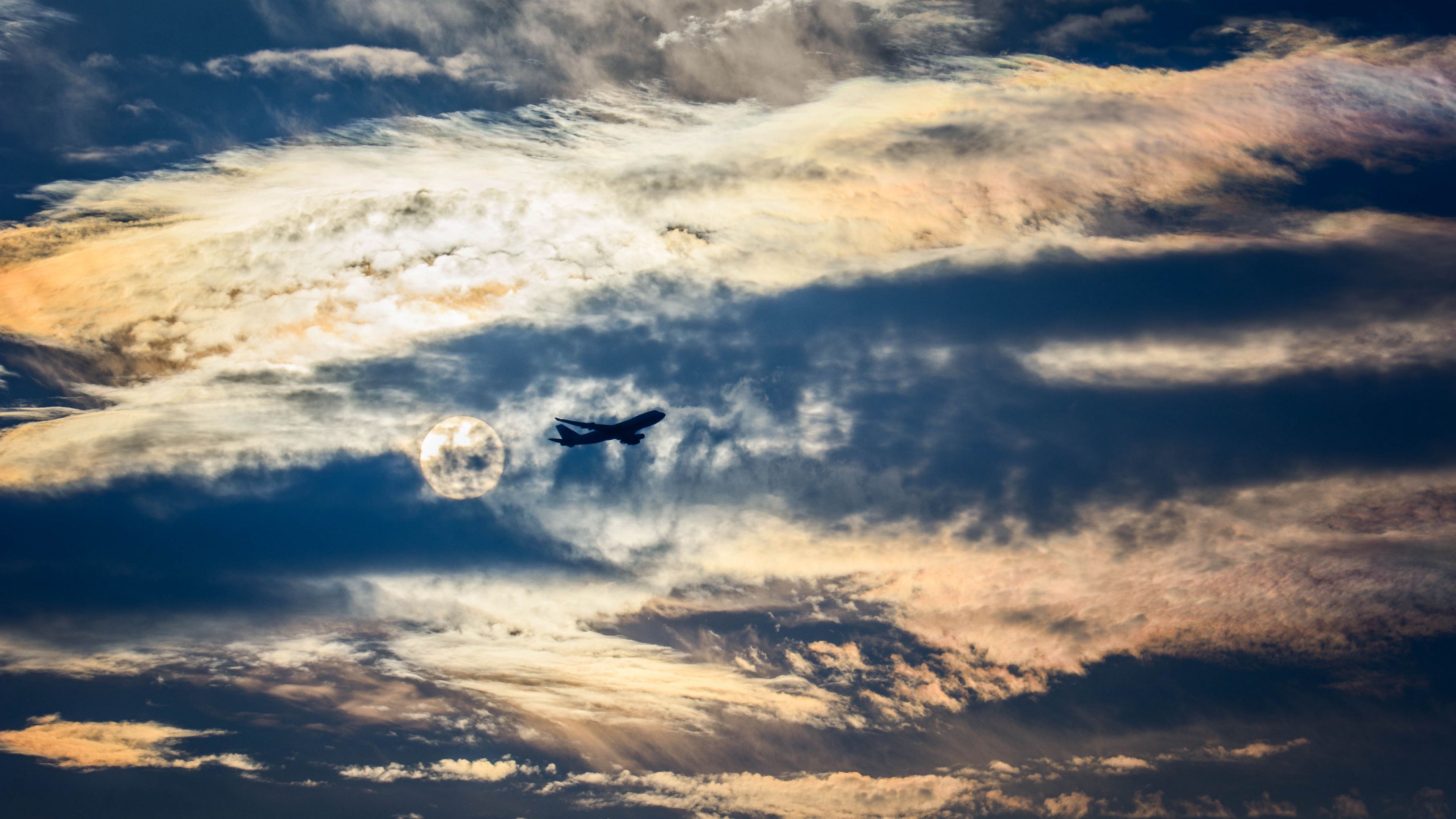airplane, clouds, flight, sky, outlines, 4k, HD Wallpaper