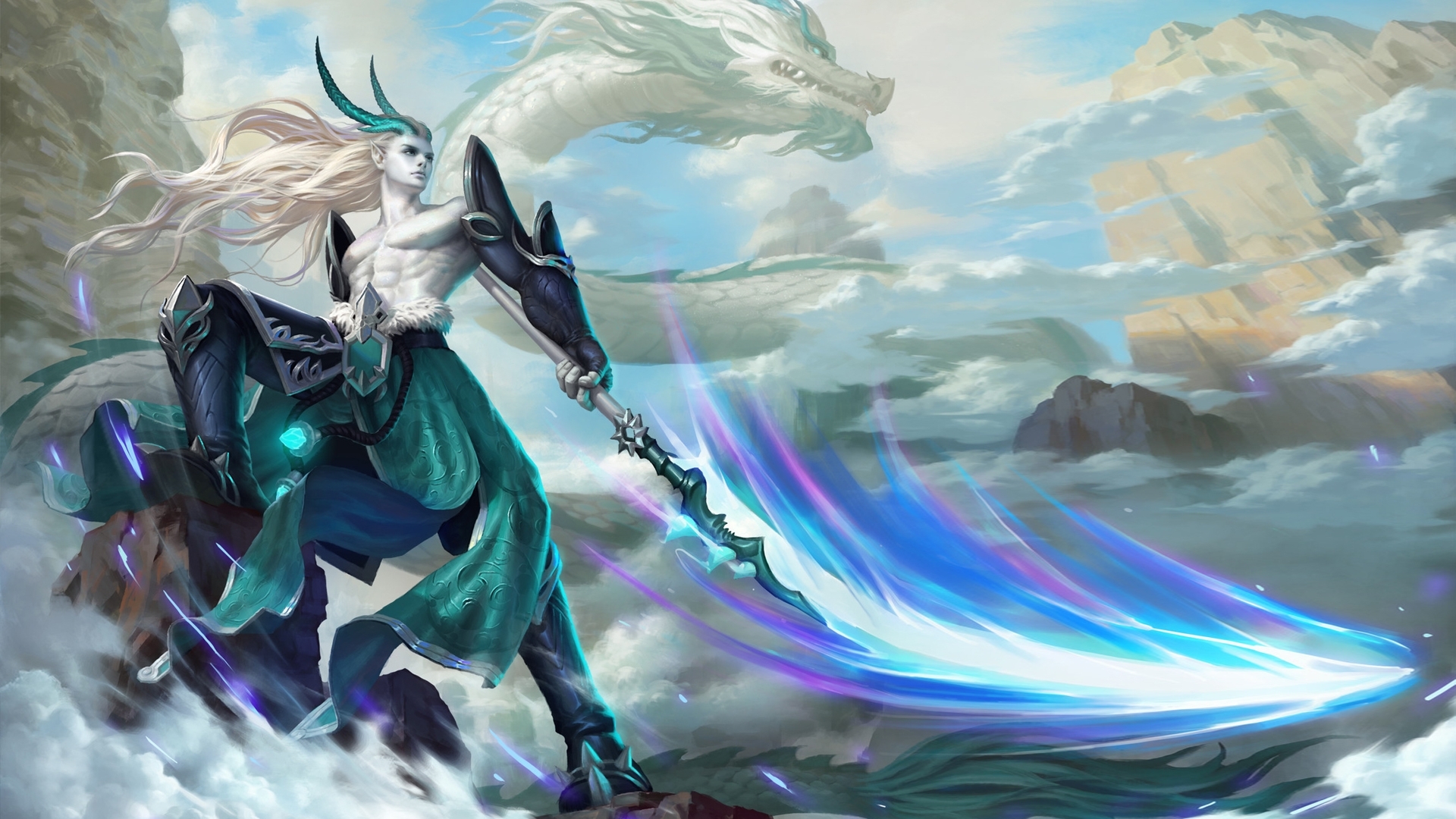 art, cloud, luminos, game, dragon, master, fantasy, green, magical, white, blue, HD Wallpaper