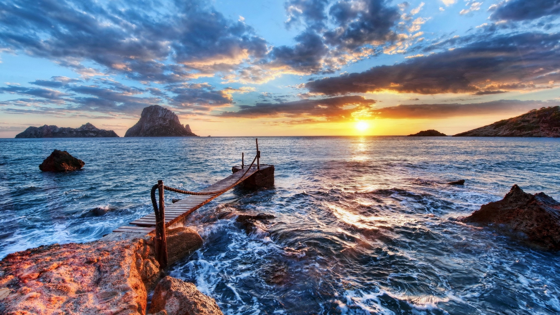 rocks, sun, clouds, sky, sea, HD Wallpaper