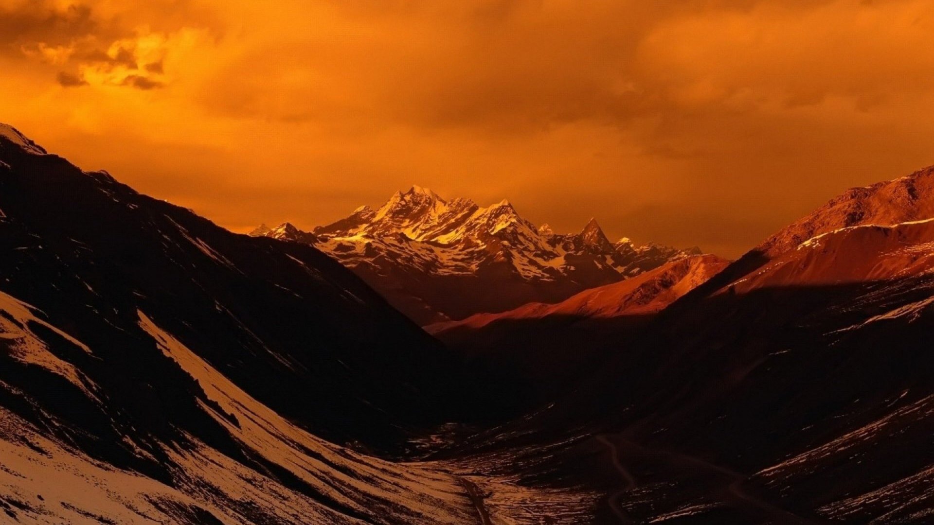 sunset, orange, valley, mountains, HD Wallpaper
