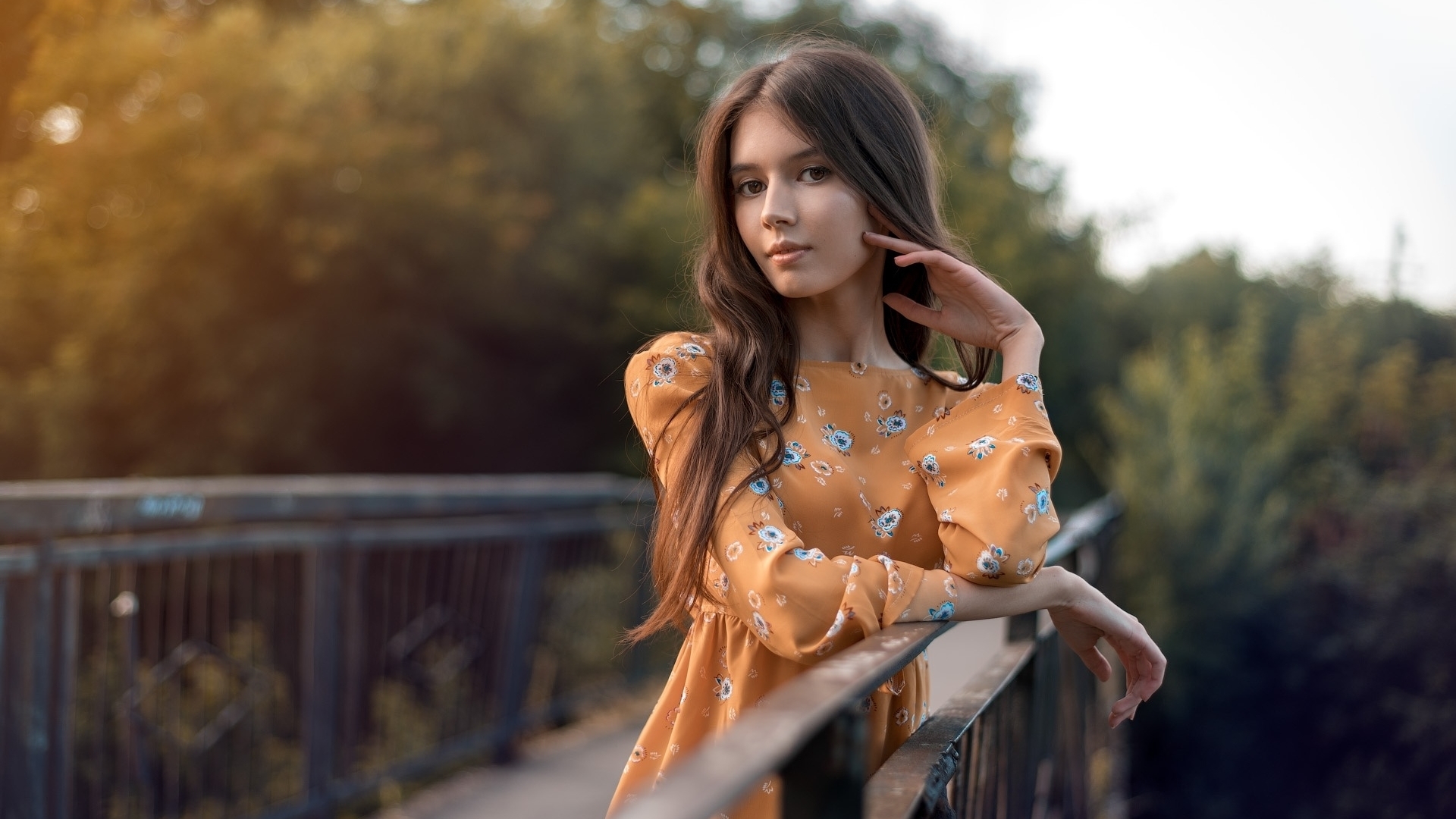 pretty, brunette, bridge, girl, HD Wallpaper