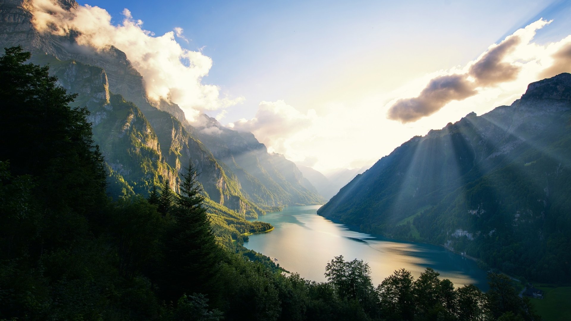mountains, sunbeams, river, clouds, valley, HD Wallpaper