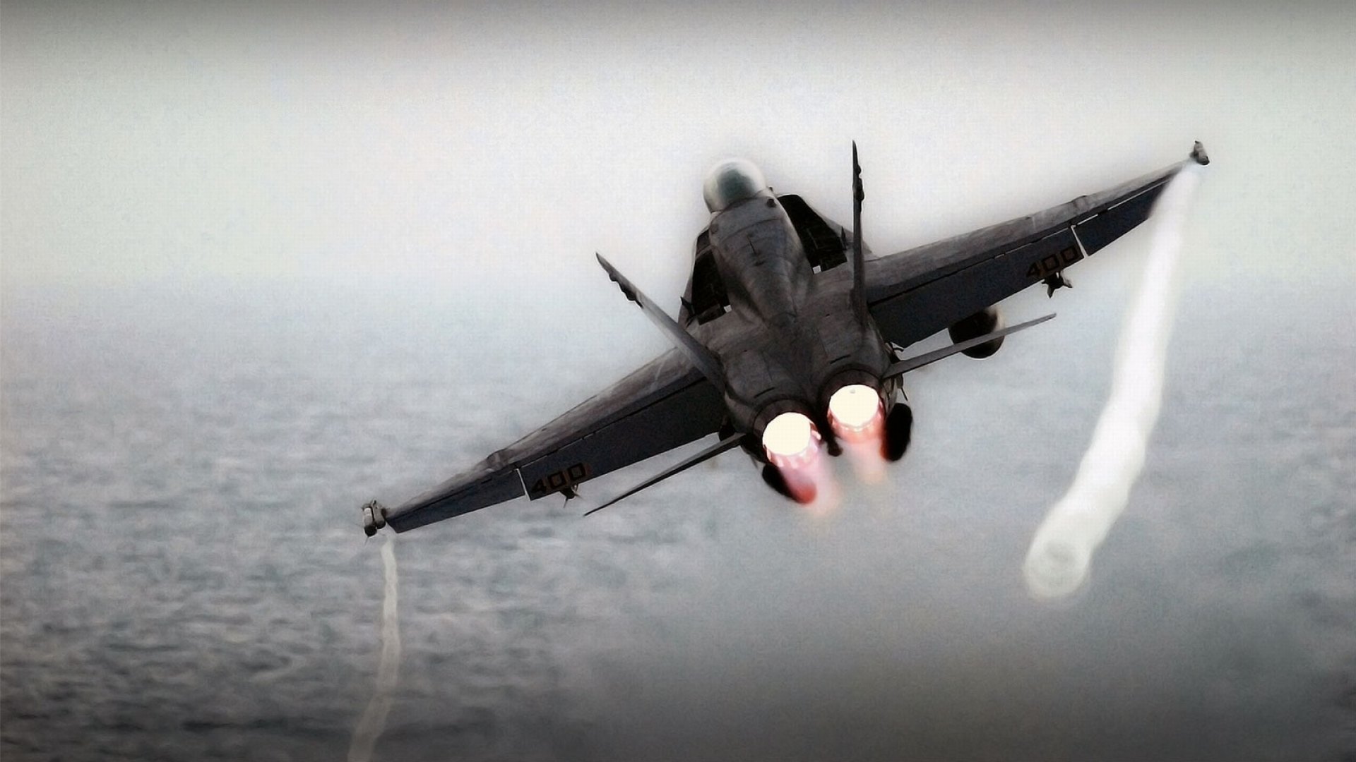 afterburners, plane, military, con trails, sea, HD Wallpaper