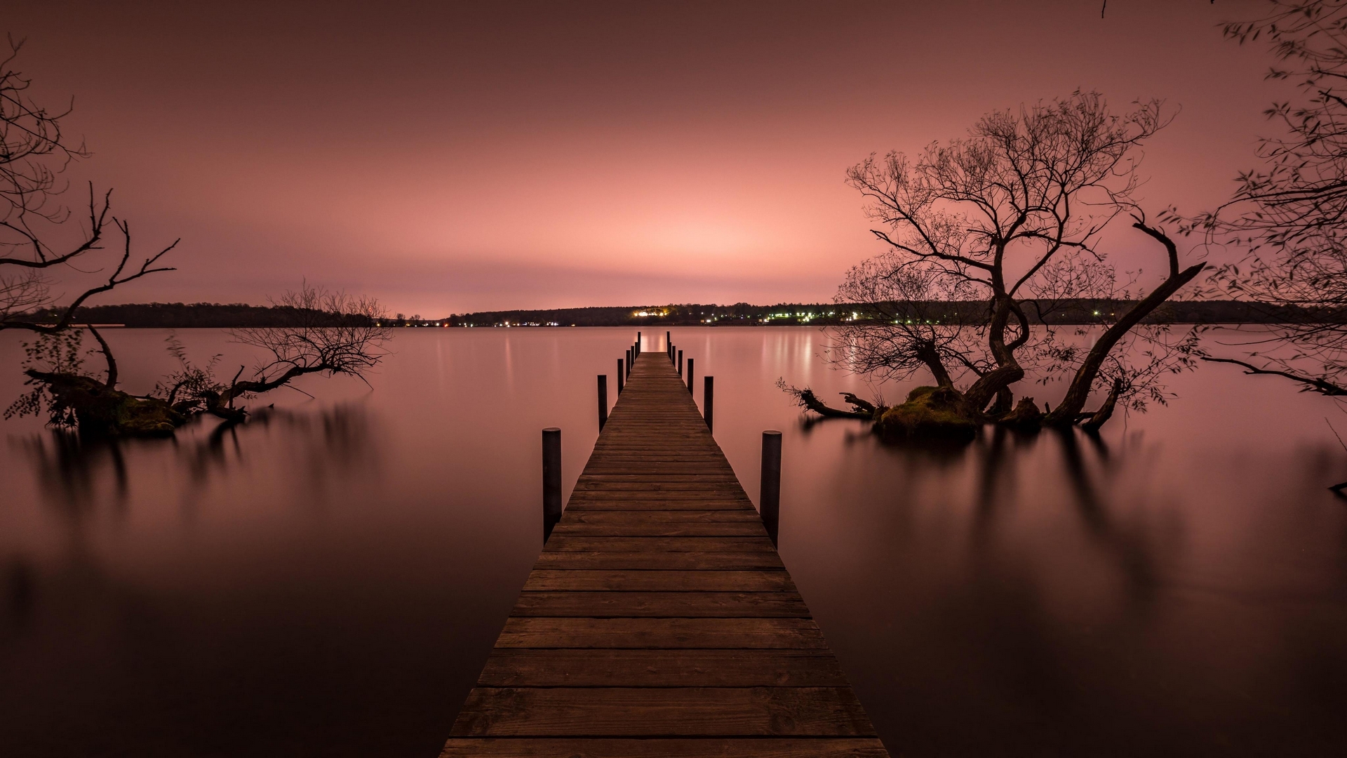 reflection, lake, water, pier, dusk, HD Wallpaper