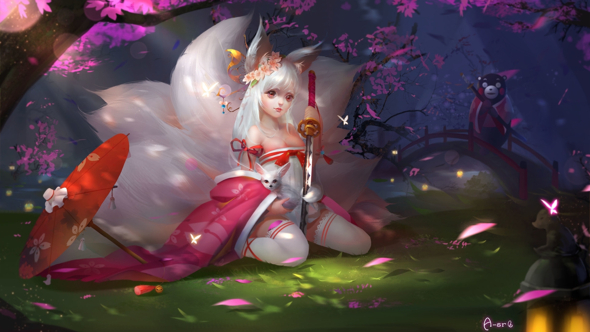 forest, frumusete, luminos, umbrella, asrart, fantasy, girl, fox, green, a sr, petals, pink, white, sword, HD Wallpaper