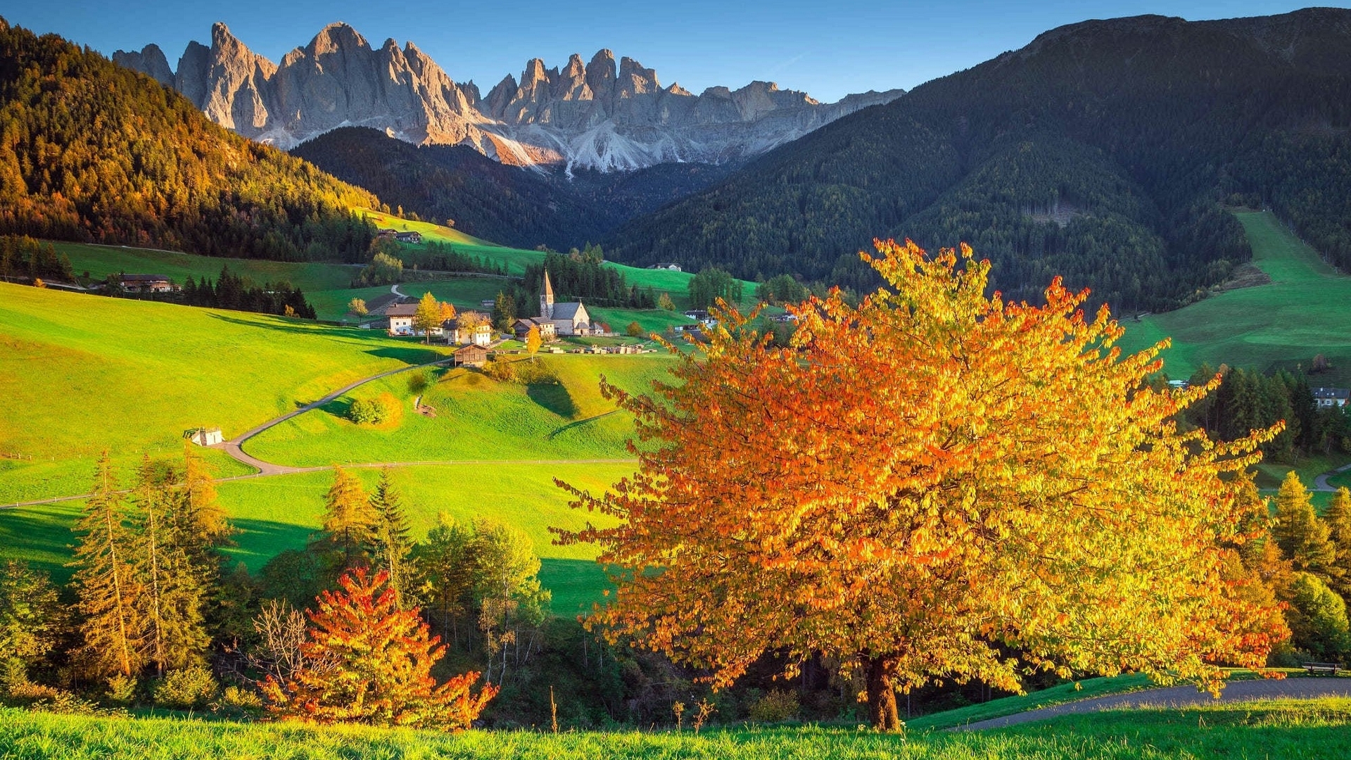 autumn, church, italy, mountains, trees, village, HD Wallpaper