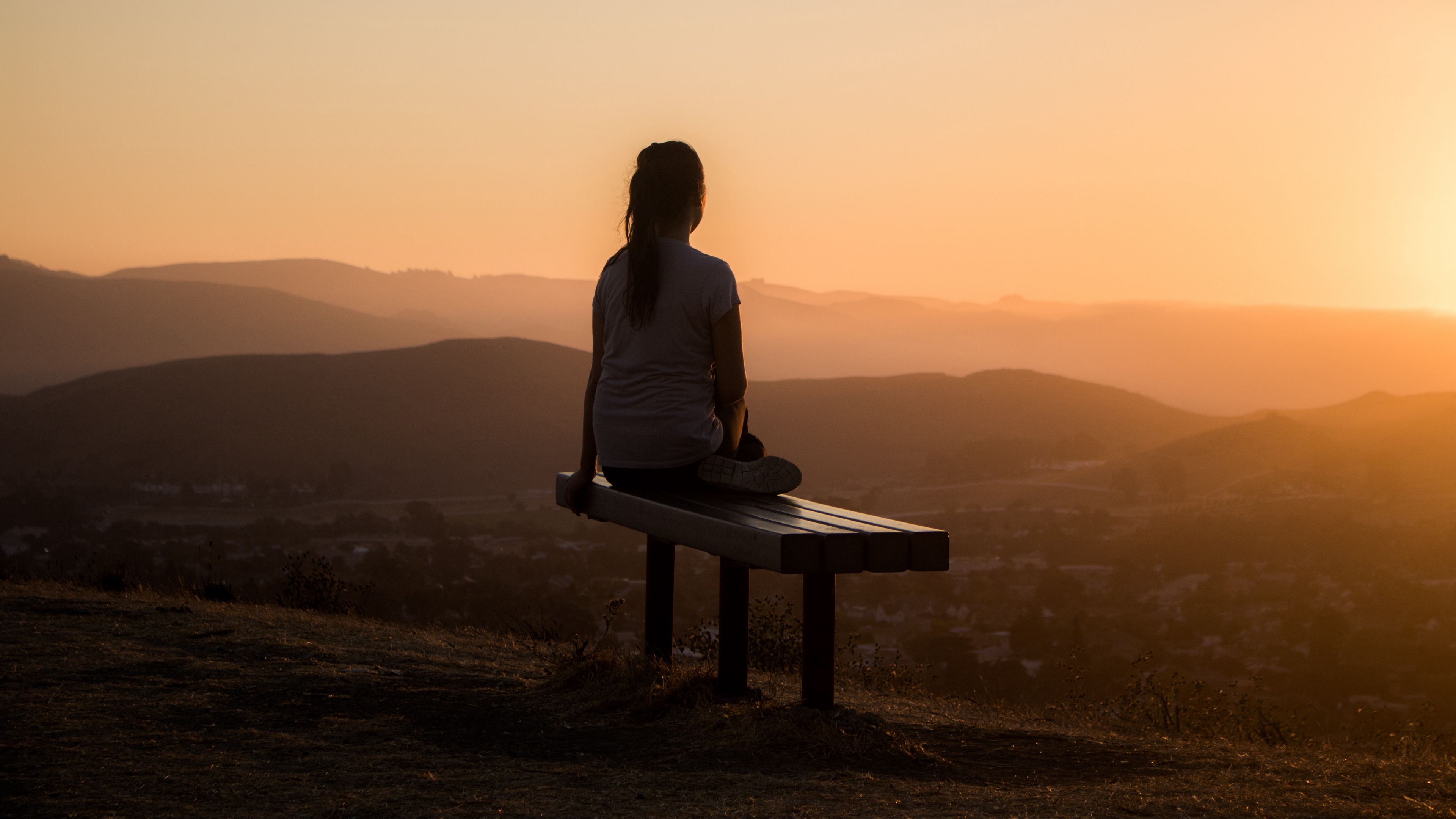 bench, alone, solitude, sunset, mountains, girl, 4k, HD Wallpaper