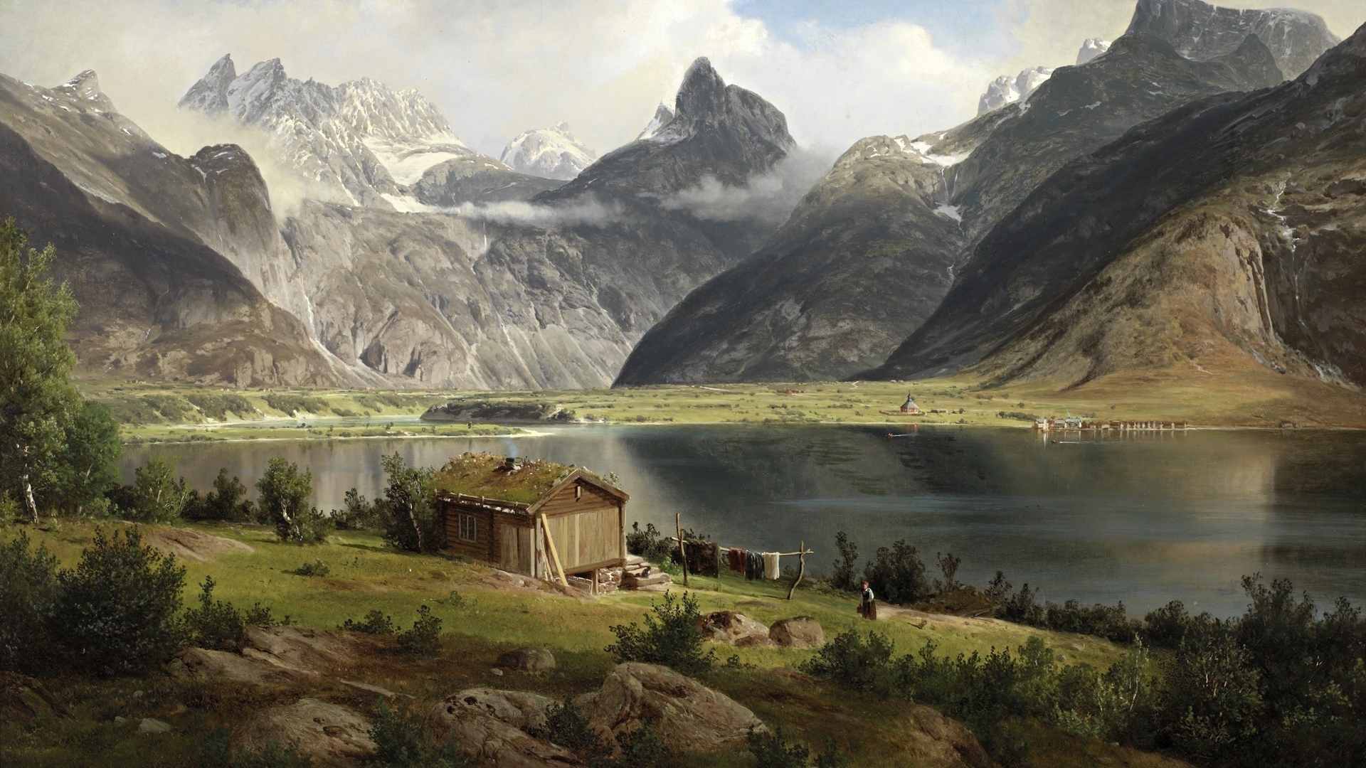 mountain, house, grass, painting, lake, HD Wallpaper