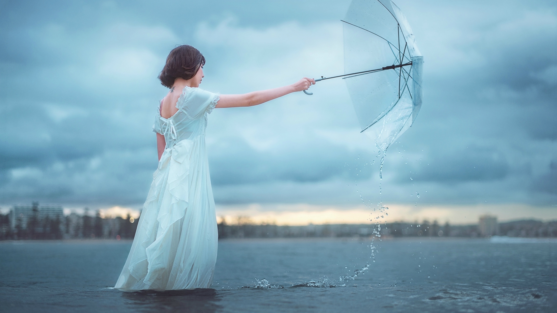 water, umbrella, girl, sky, dress, HD Wallpaper