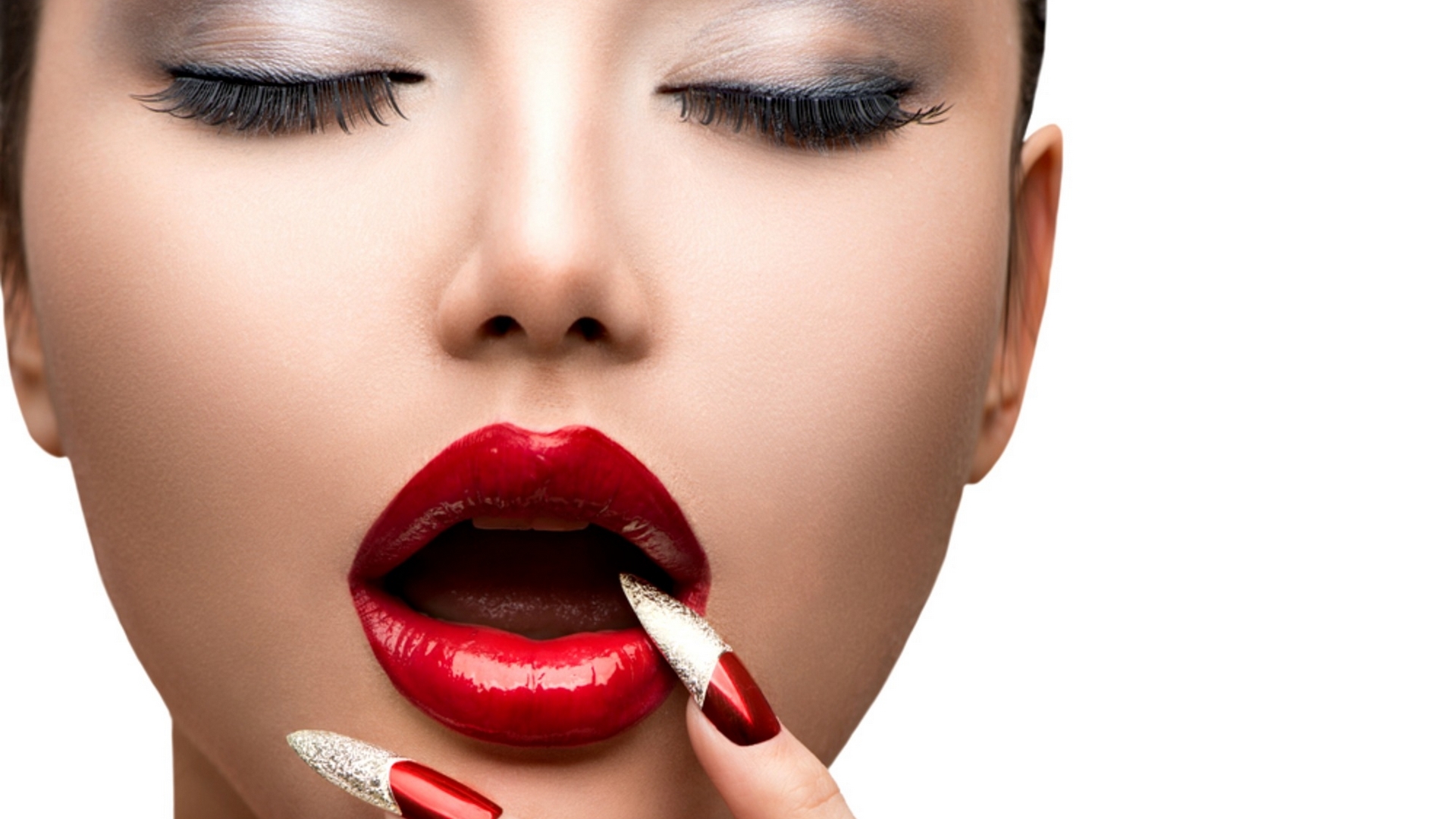 red, model, nails, woman, lips, anna subbotina, girl, hand, beauty, face, white, HD Wallpaper