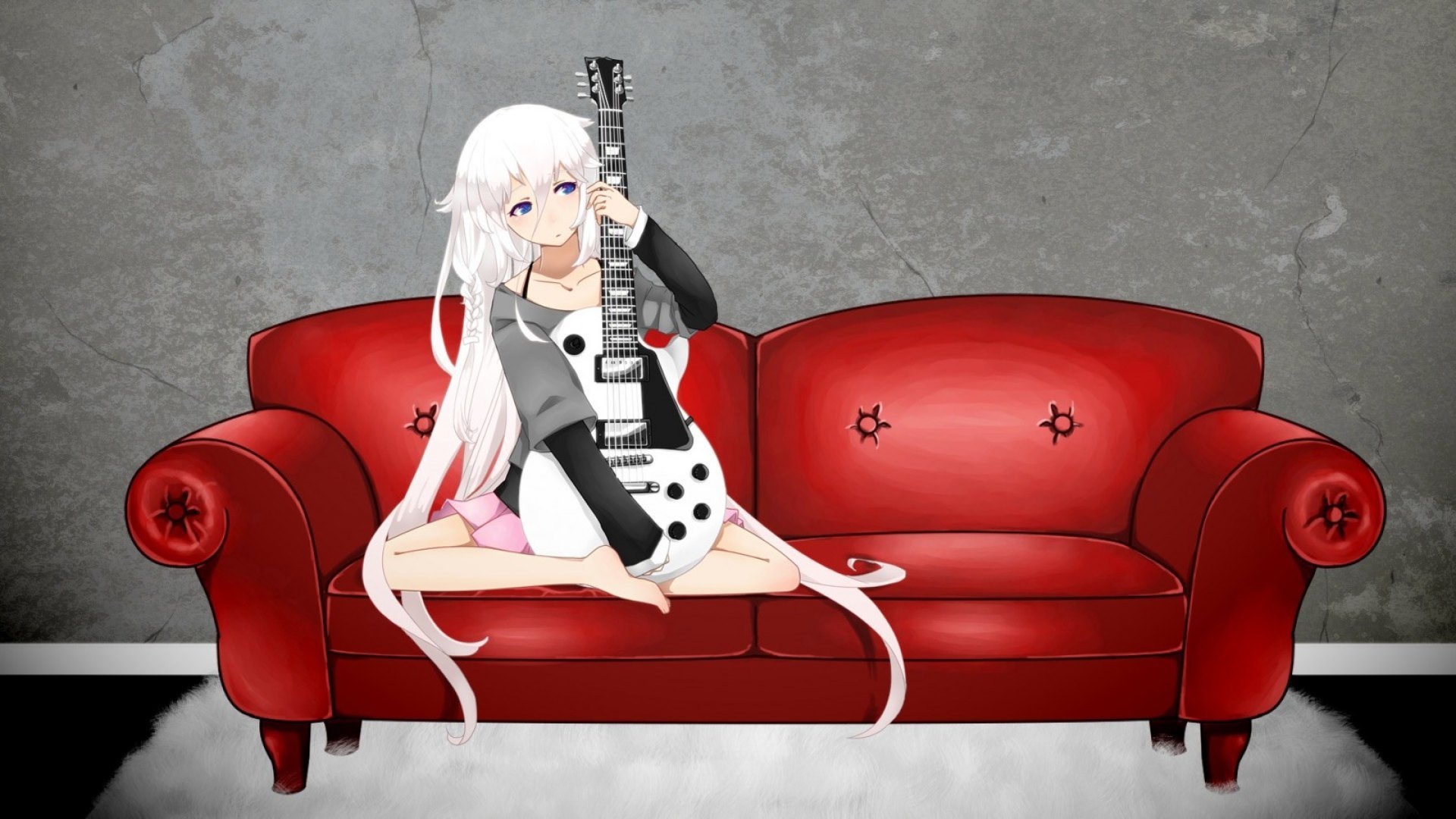 vocaloid, guitar, red couch, ia, blond hair, HD Wallpaper