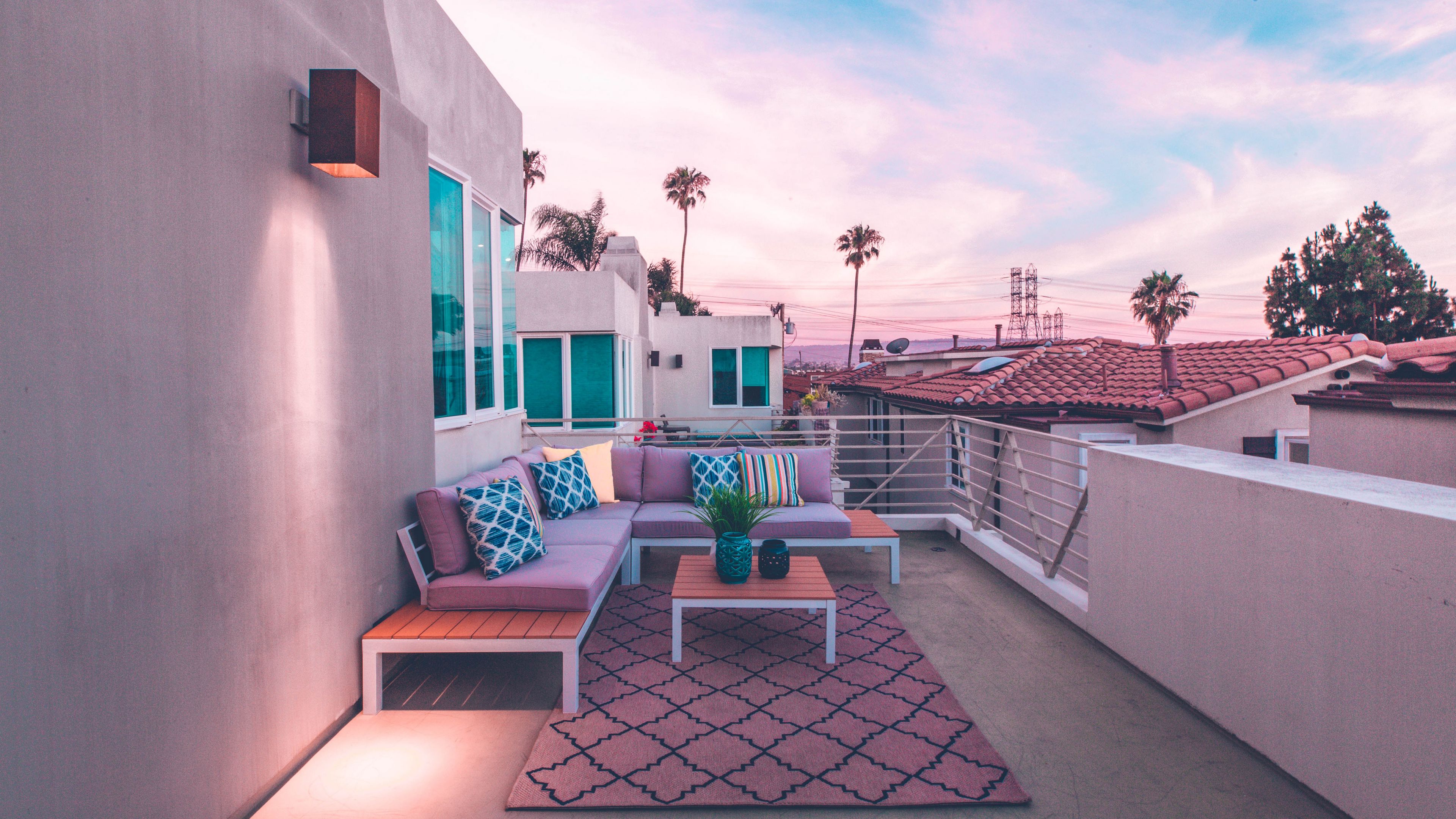 patio, balcony, palm trees, comfort, furniture, tropics, 4k, HD Wallpaper