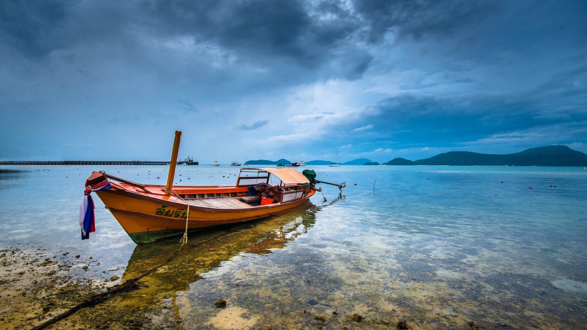 beach, boat, clouds, coast, sea, HD Wallpaper
