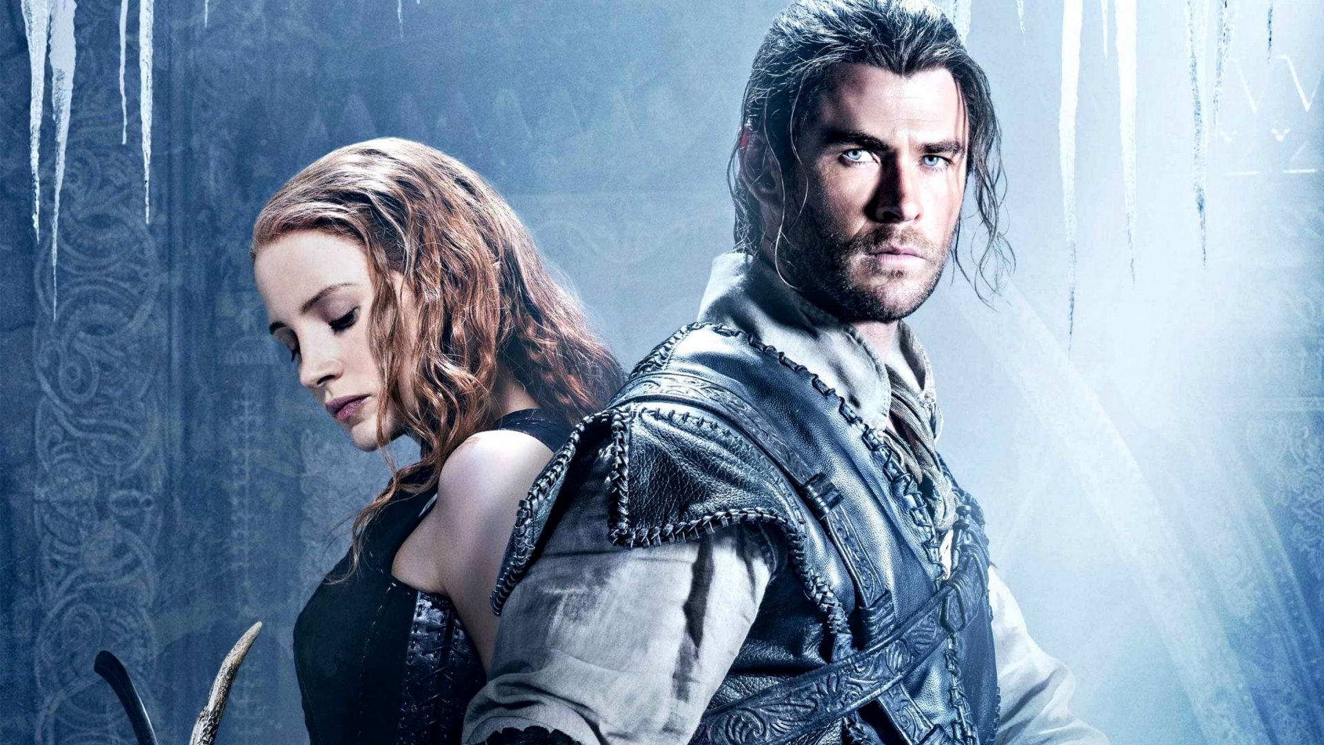 chris hemsworth, the huntsman winter s war, movie, sara, man, jessica chastain, woman, fantasy, the huntsman, girl, actress, actor, blue, HD Wallpaper