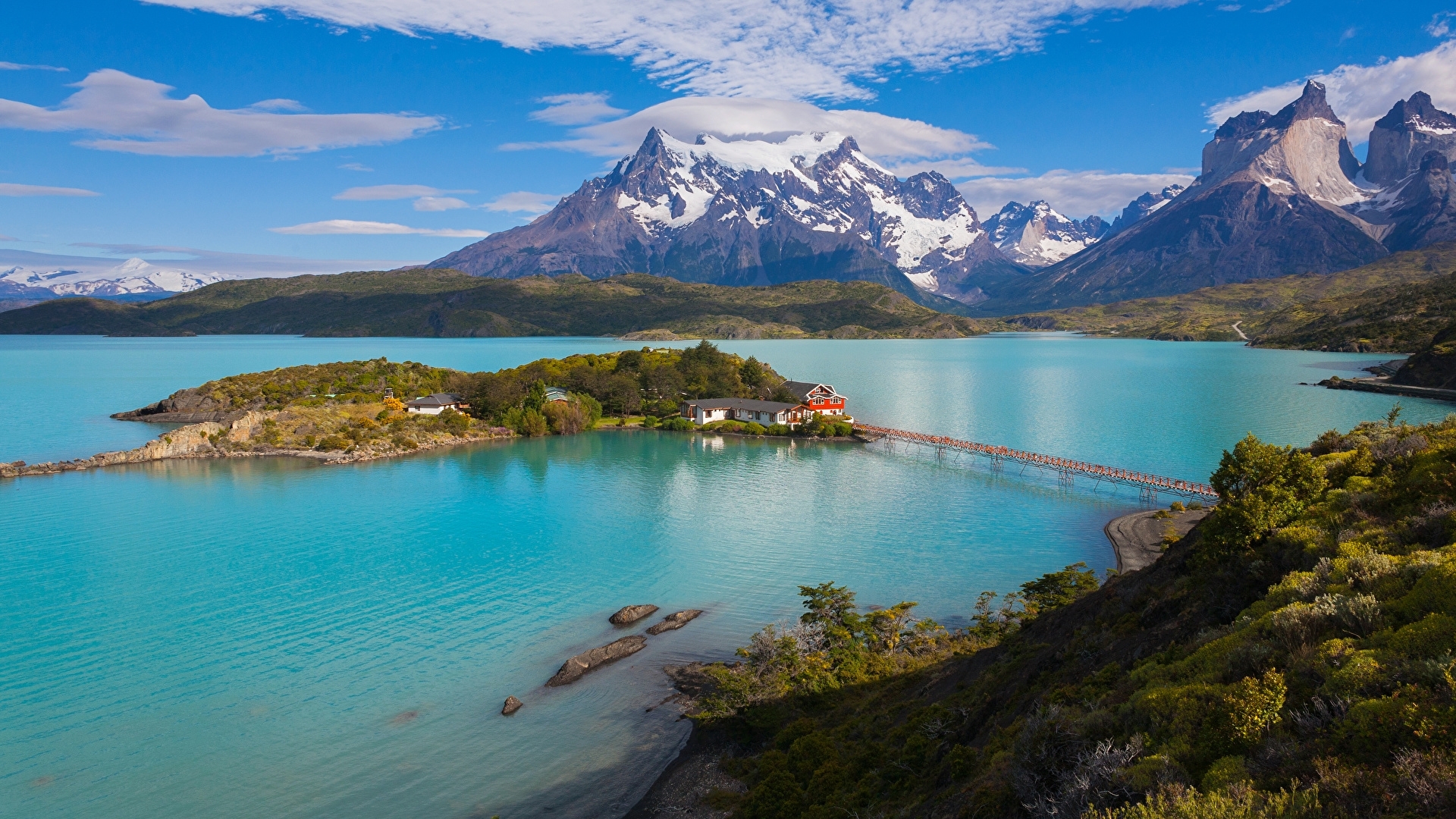 mountains, landscape, bridge, chile, lake, island, HD Wallpaper