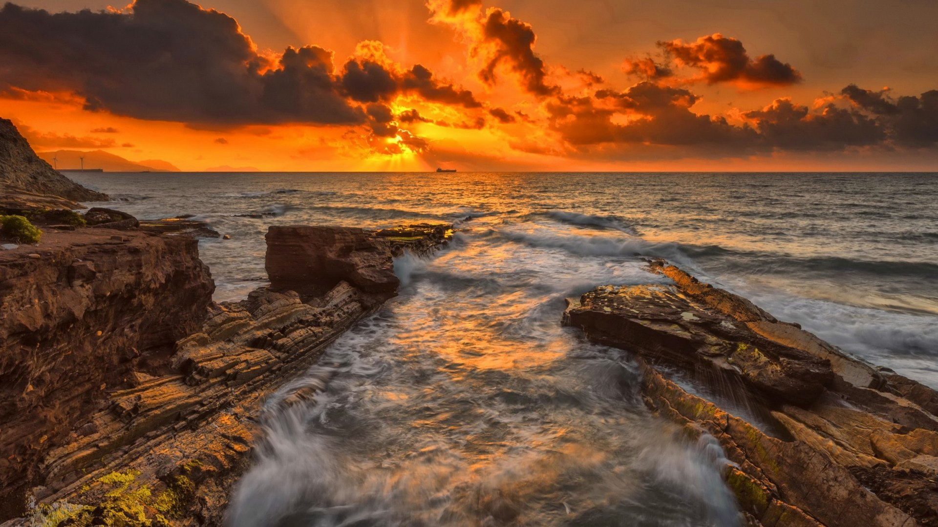 rocks, shore, beautiful, sunset, waves, sky, sands, sea, HD Wallpaper