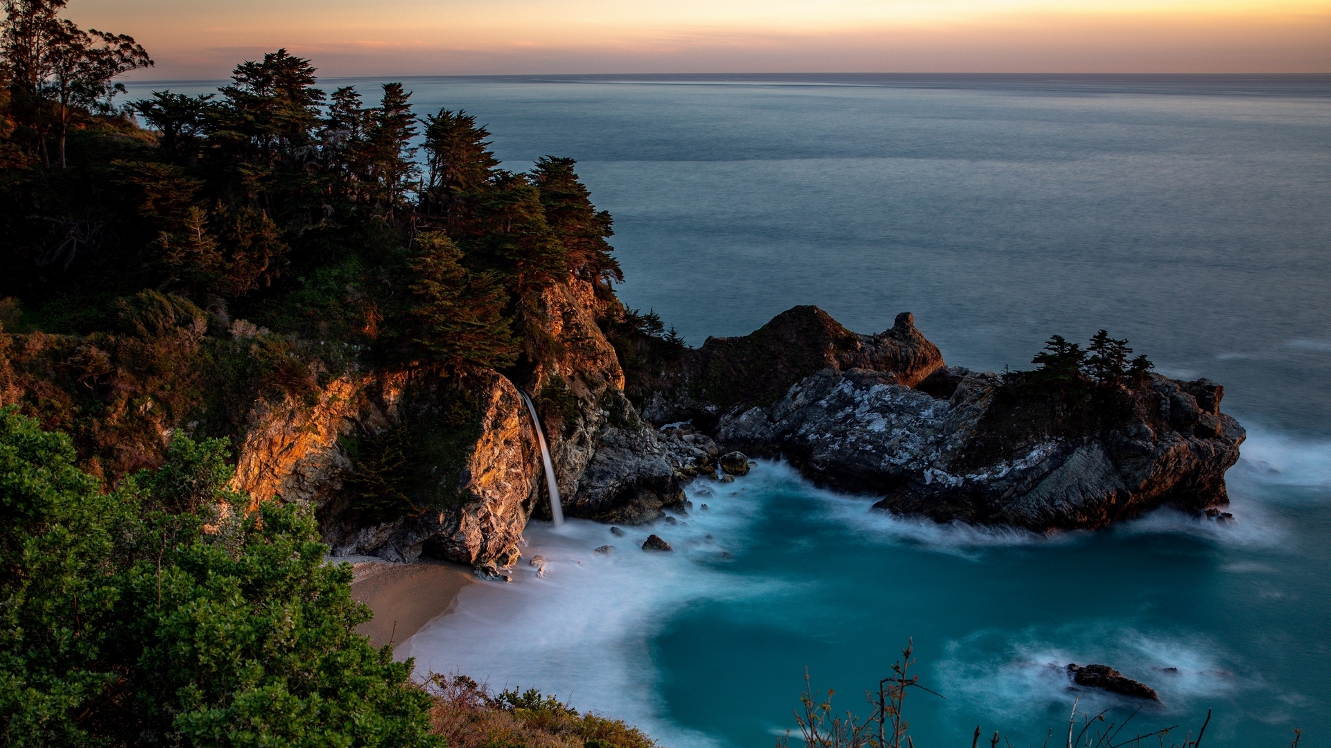ocean, waterfall, waves, bay, sky, trees, sea, rocks, shore, sand, HD Wallpaper