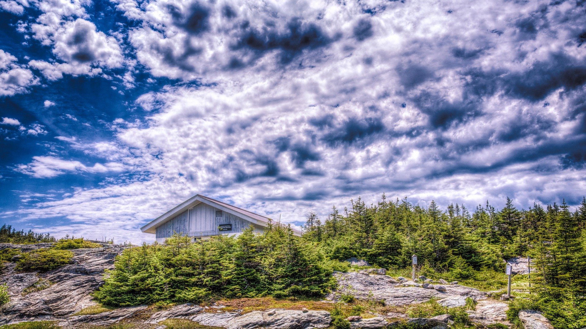 mountain, rocks, hdr, cabin, trees, clouds, HD Wallpaper