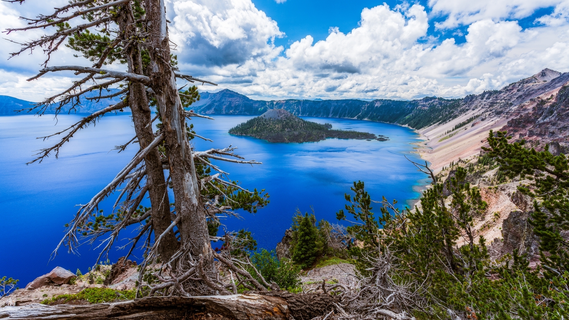 park, national, crater, mountains, trees, lake, HD Wallpaper