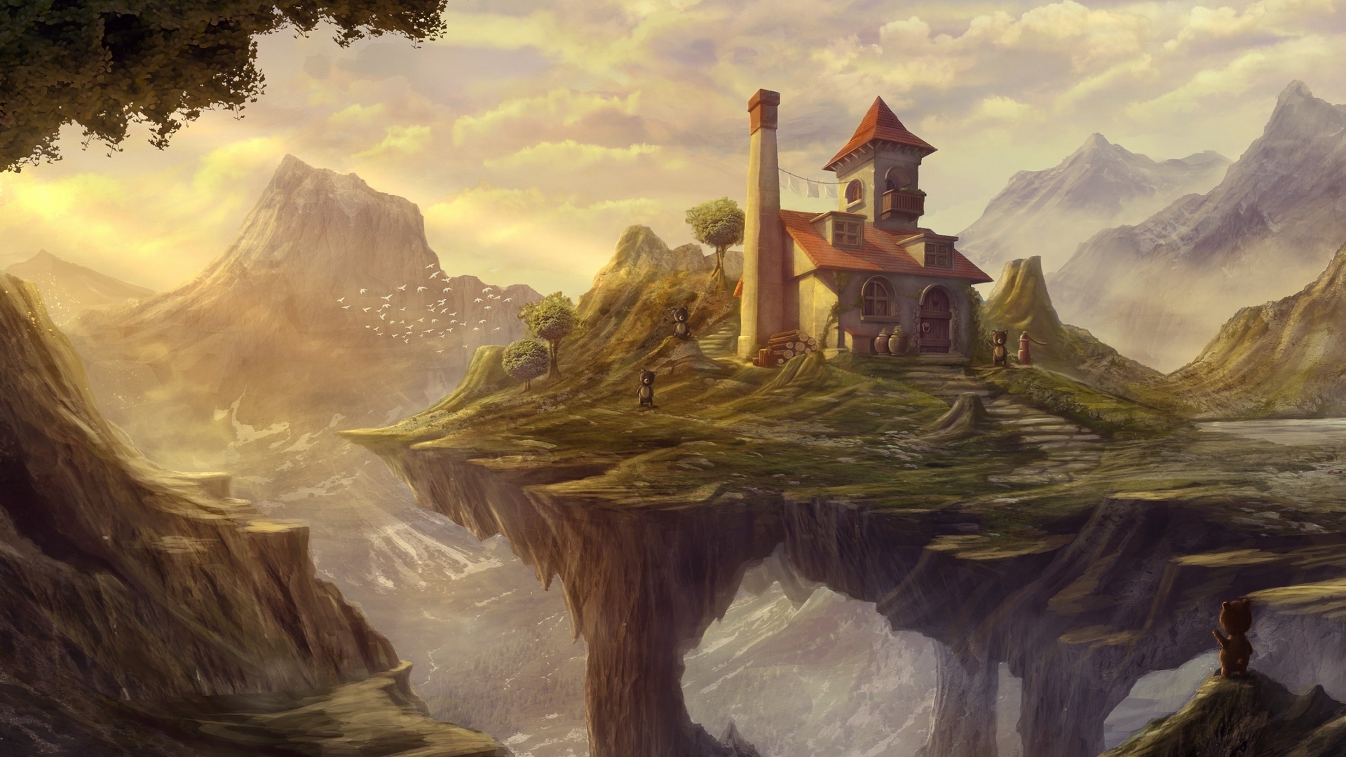 red, art, luminos, bear, cute, fantasy, green, painting, mansion, pictura, castle, HD Wallpaper