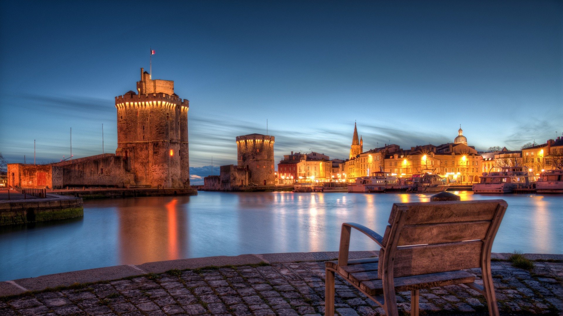 city, port, bench, dusk, hdr, fort, lights, HD Wallpaper