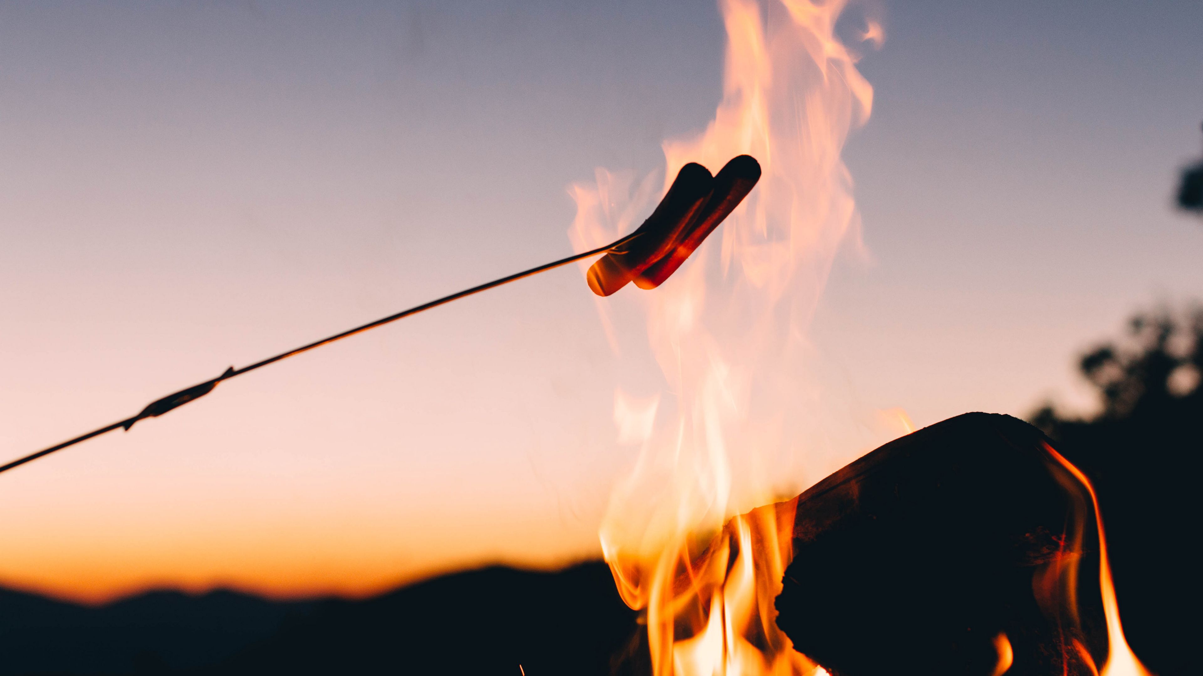 camping, sausages, fire, food, 4k, HD Wallpaper