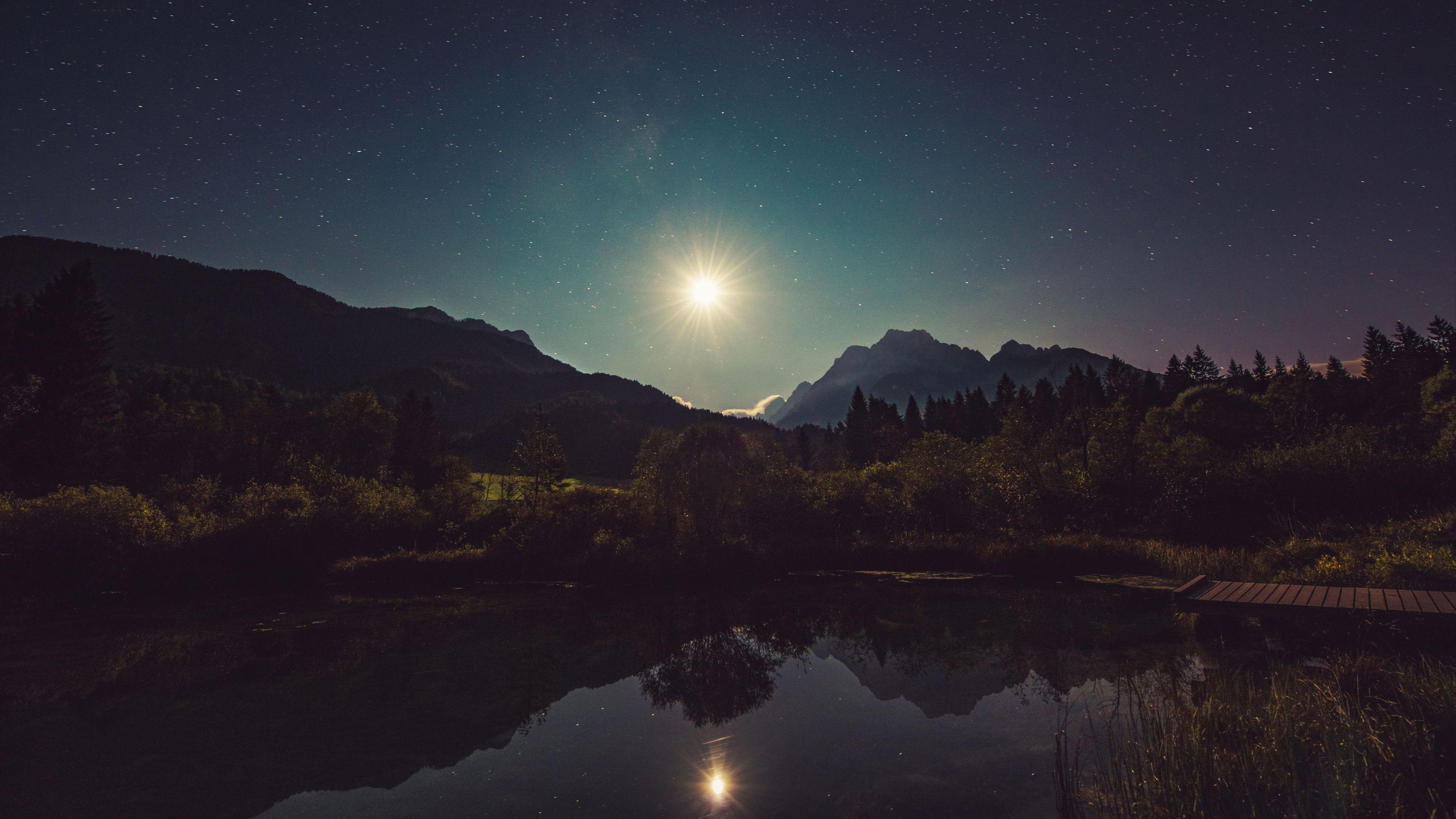 starry sky, lake, mountains, trees, 4k, HD Wallpaper