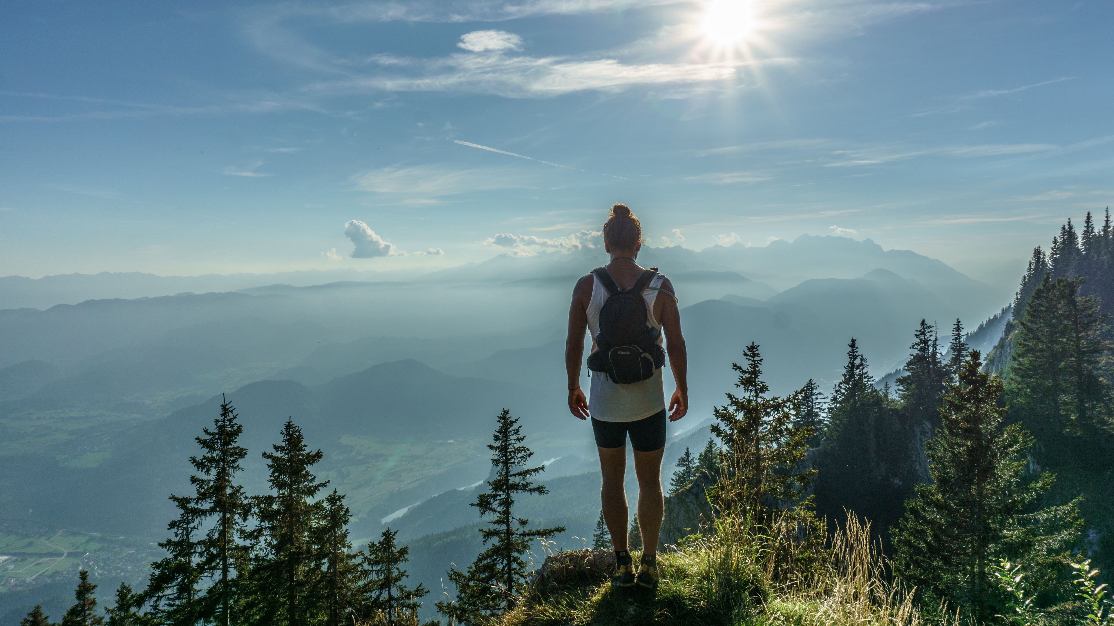 mountain, peak, tourist, man, sunlight, 4k, HD Wallpaper