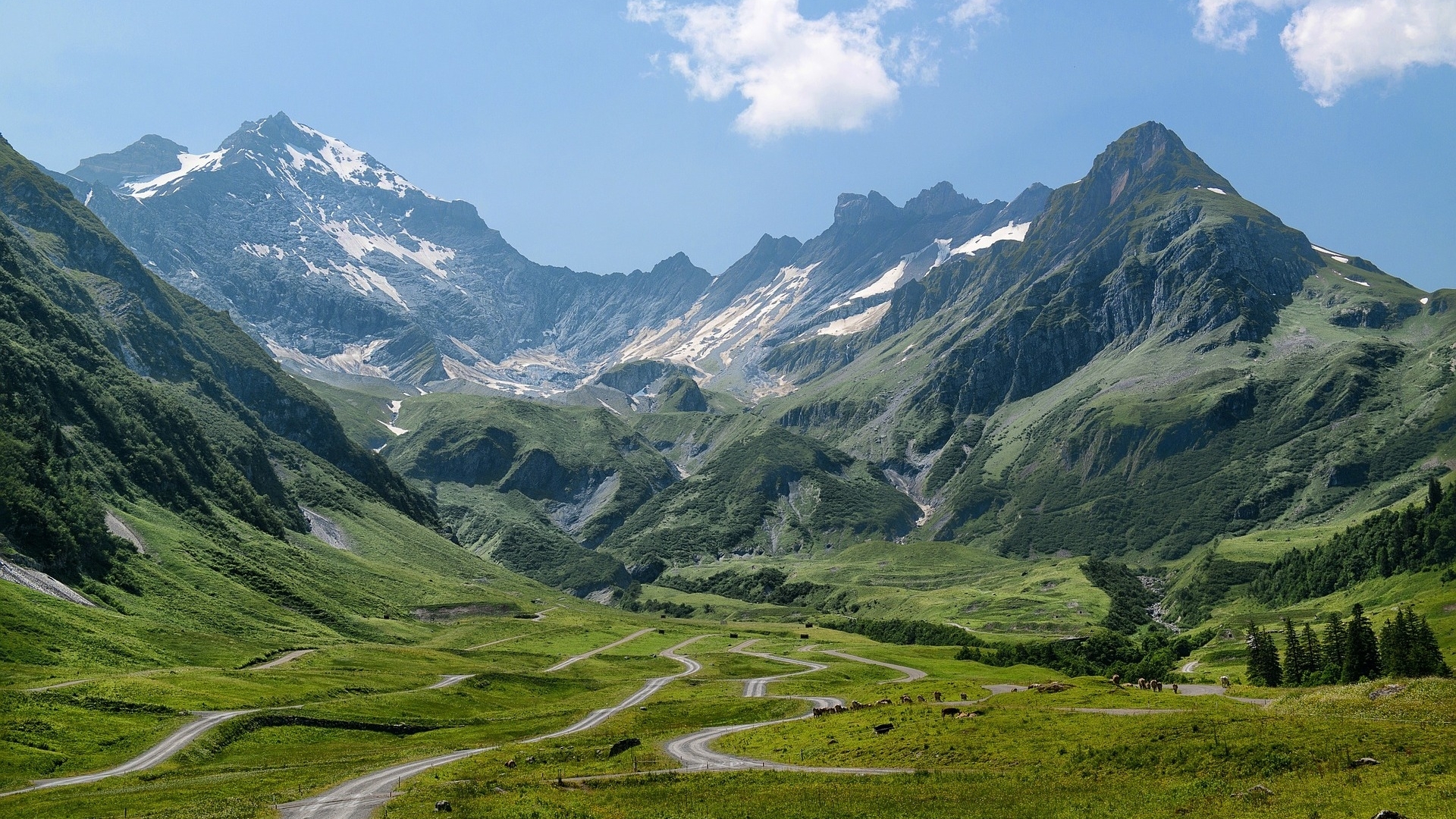 green, mountains, switzerland, road, clouds, sky, HD Wallpaper