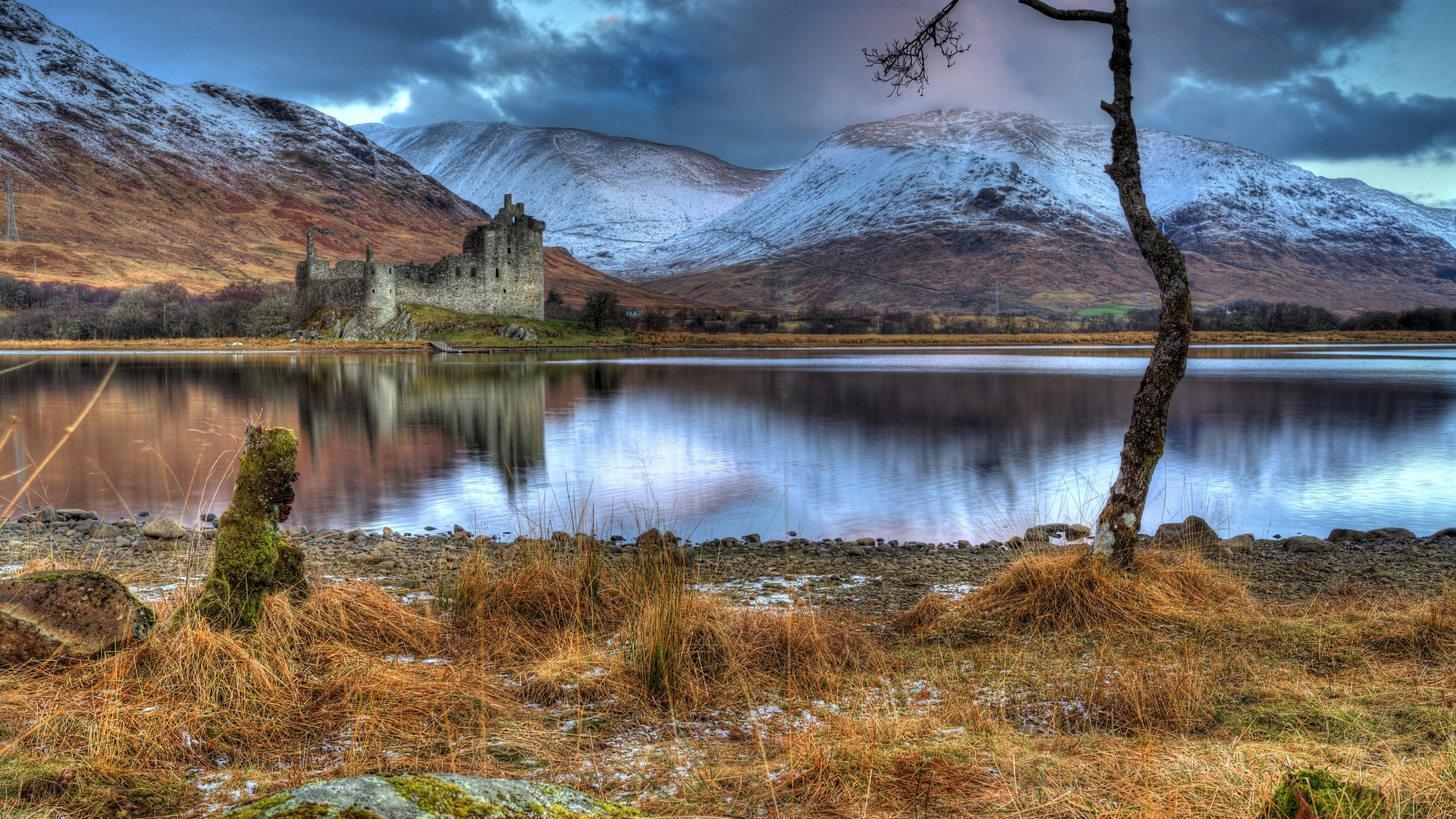 cstle, scotland, clouds, lake, HD Wallpaper
