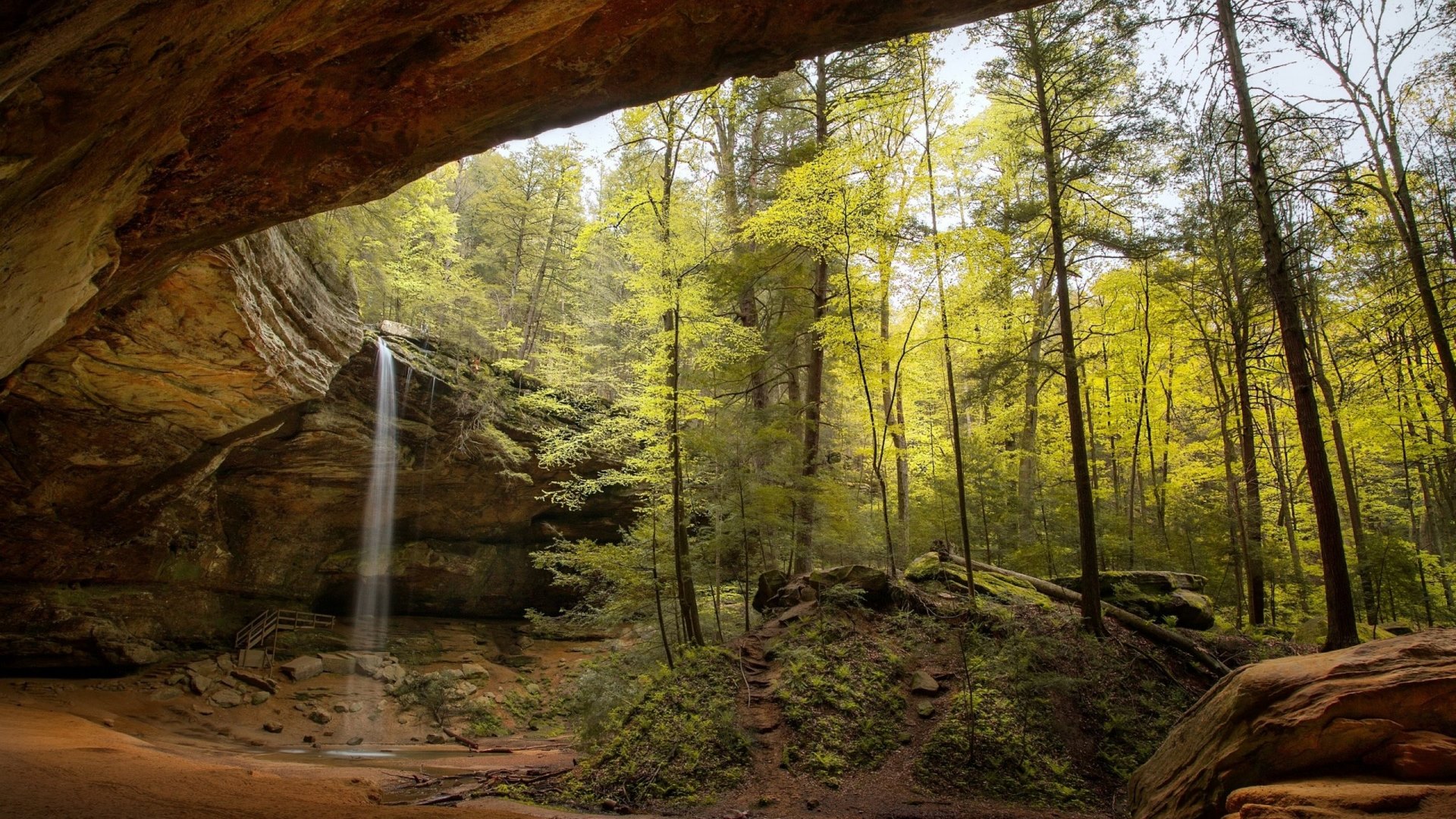 waterfall, trees, usa, cave, HD Wallpaper