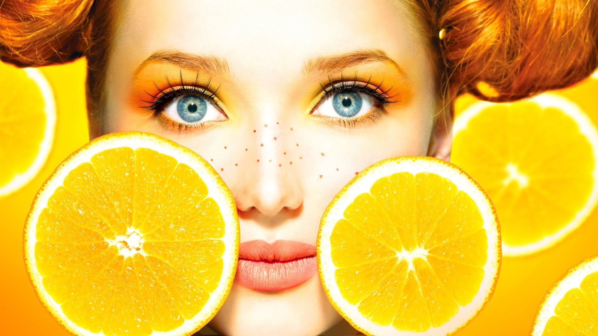model, orange, freckles, woman, lemon, fruit, girl, face, eyes, blue, HD Wallpaper