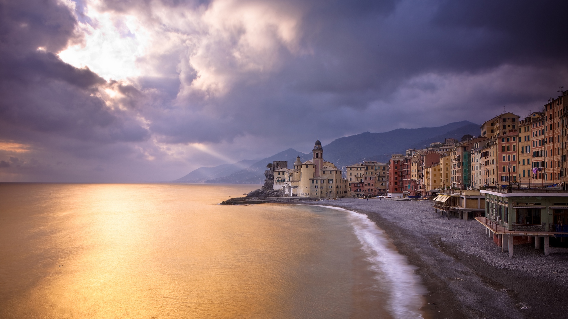 architecture, beautiful, sunset, clouds, sea, beach, sand, amazing, houses, ocean, sunlight, buildings, town, waves, sky, water, rays, beaches, mountains, peaceful, nature, HD Wallpaper