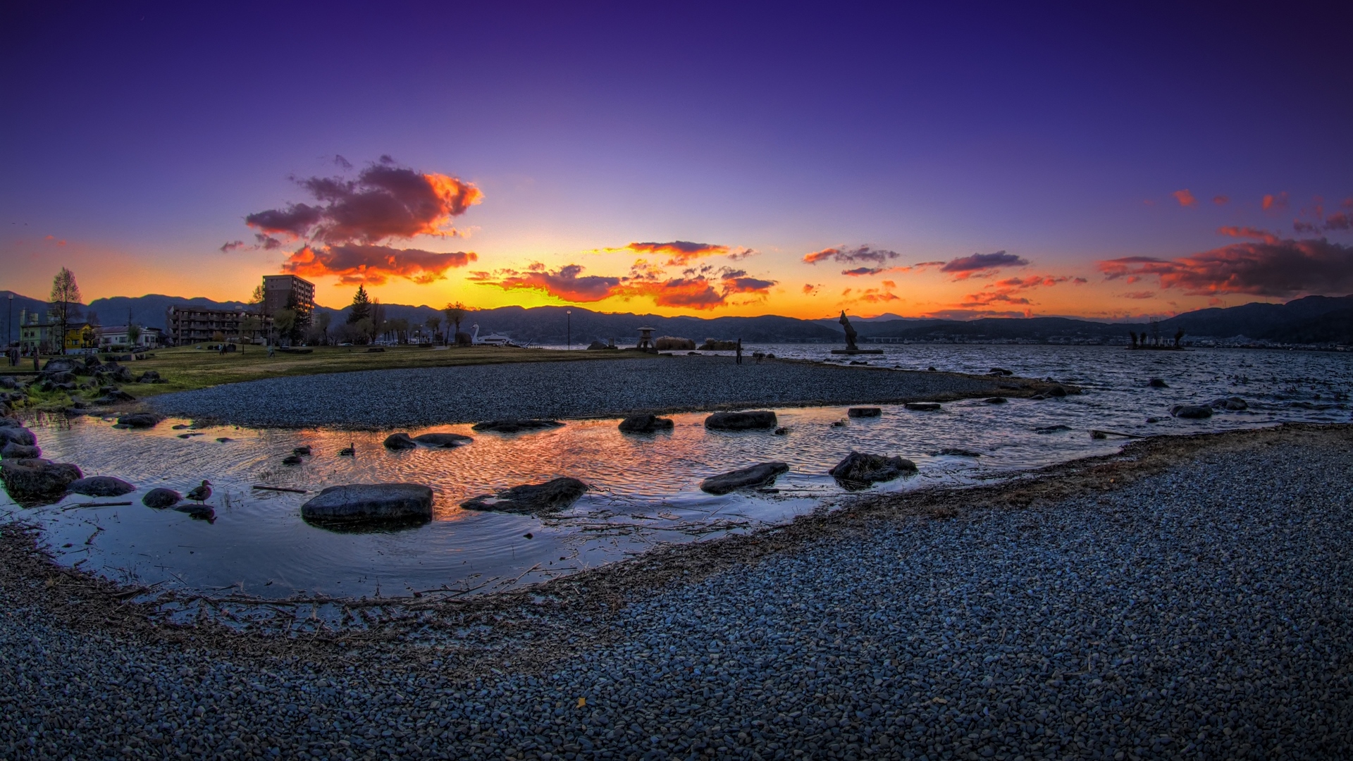 rocks, lovely, buildings, houses, beautiful, sunset, trees, sky, clouds, lake, beach, stones, peaceful, nature, HD Wallpaper