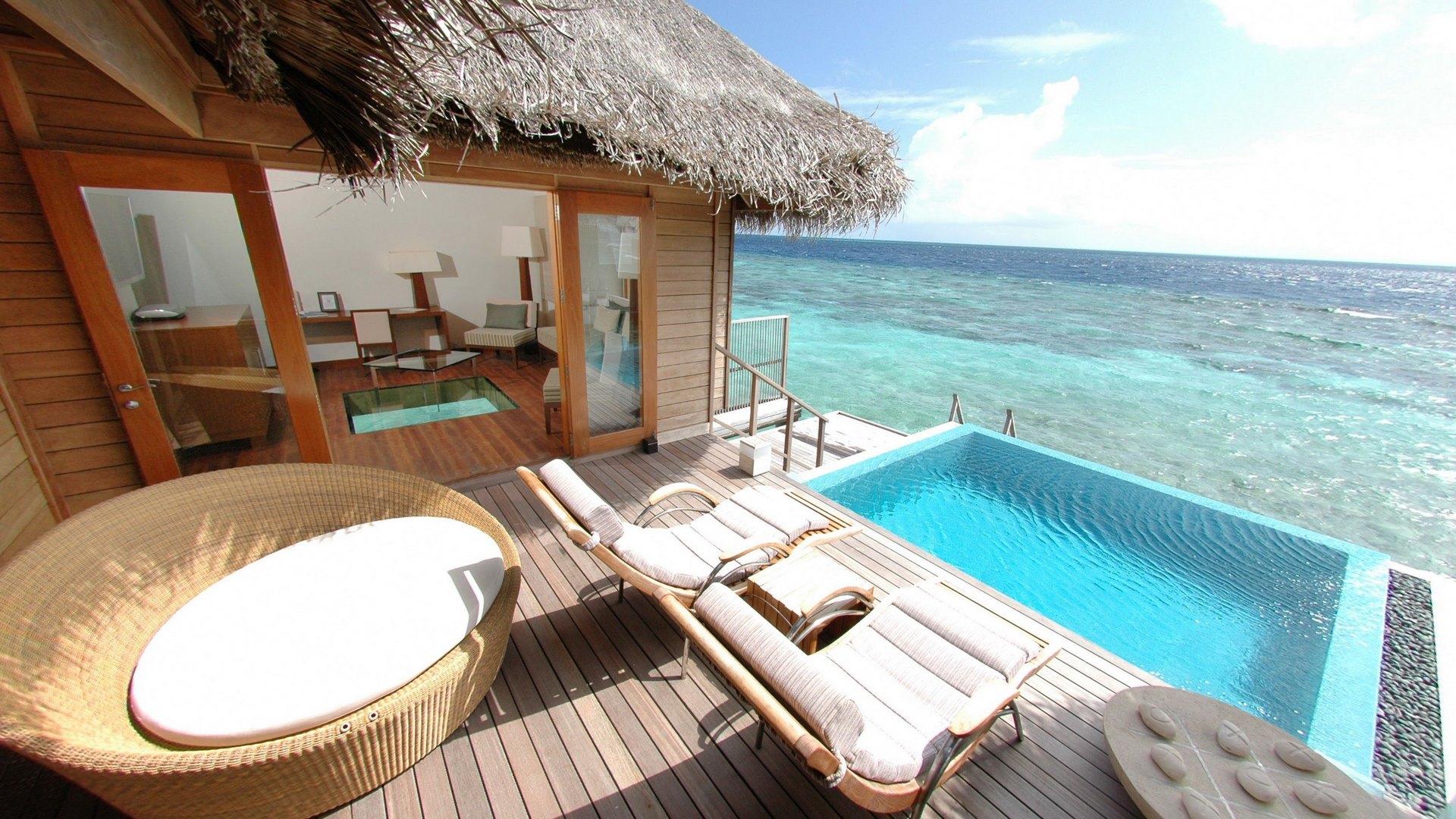 polynesia, bungalow, villa, sea, lagoon, bora bora, swimming, luxury, exotic, islands, ocean, pool, hot tub, water, paradise, jacuzzi, island, tahiti, tropical, HD Wallpaper