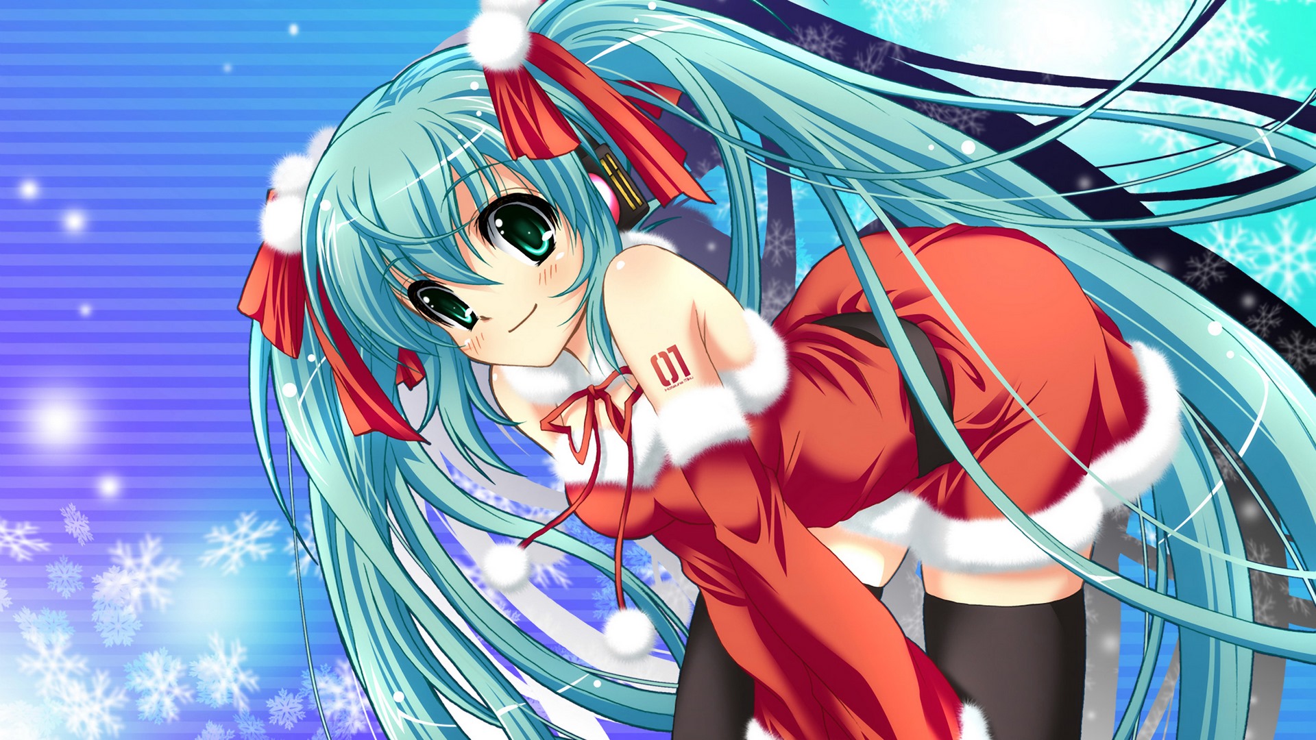costume thighhighs twintails vocaloid, christmas hatsune miku, ribbons santa, blue, HD Wallpaper