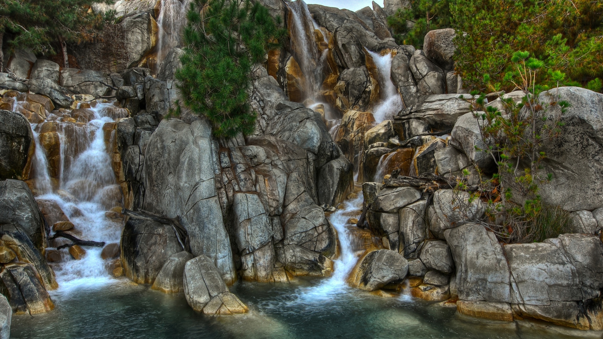 rocks, tree, mountains, waterfall, nature, HD Wallpaper
