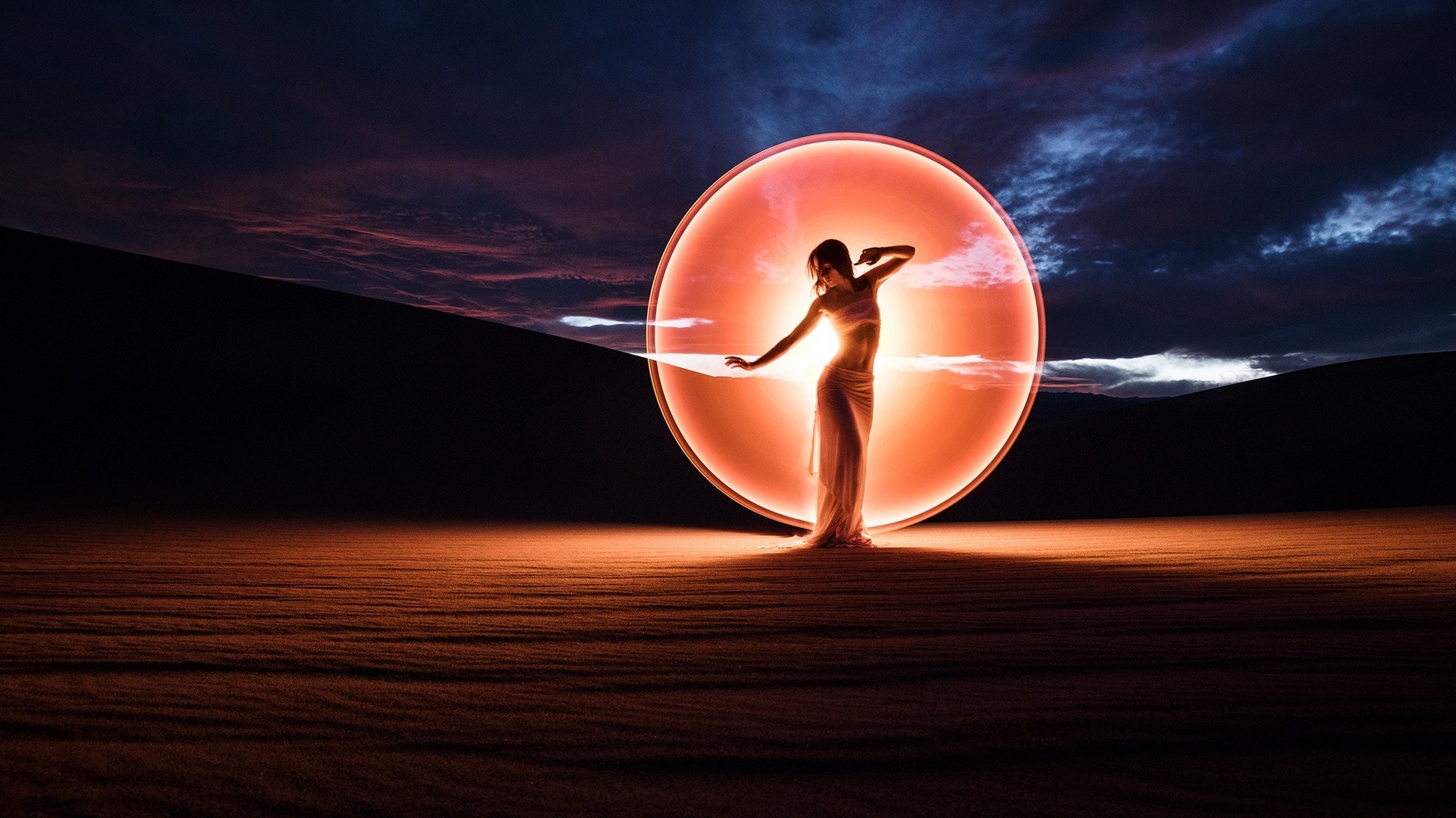 female, desert, sky, woman, clouds, brunette, sand, evening, light, night, HD Wallpaper