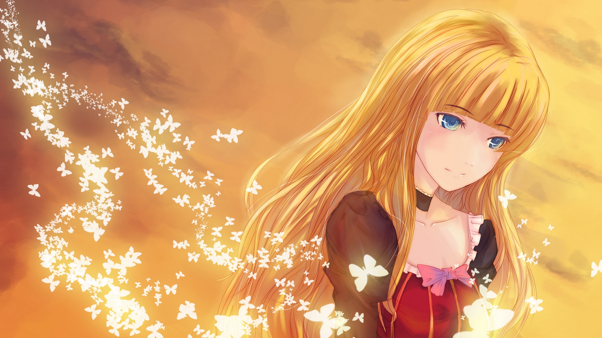 hair, dress, butterfly, girl, orange, beautiful, bow, sky, HD Wallpaper