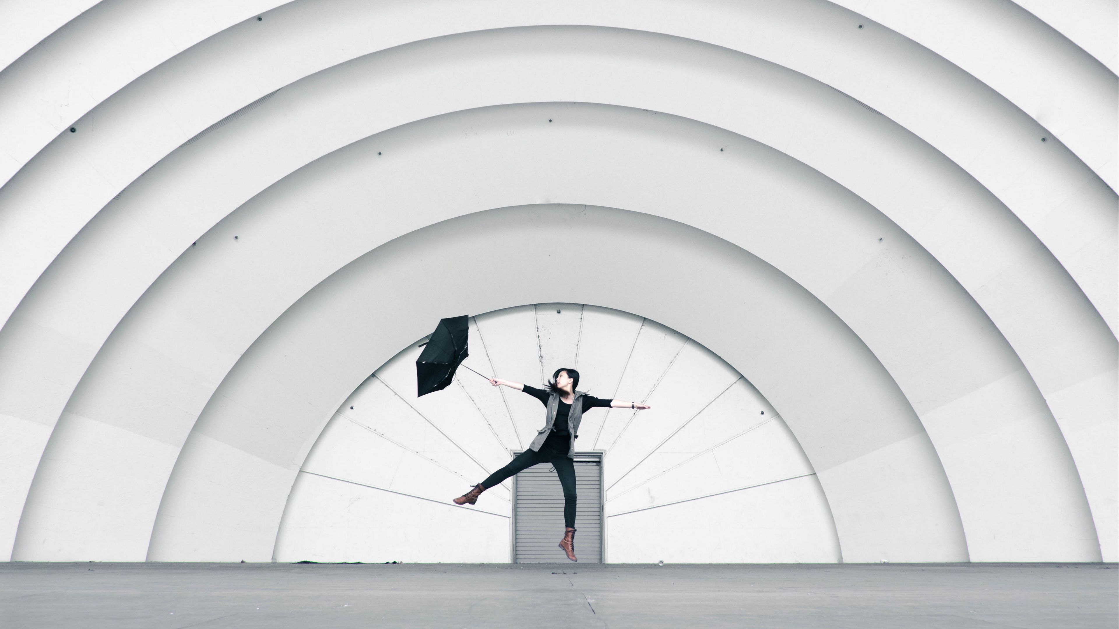 girl, umbrella, building, minimalism, jump, 4k, HD Wallpaper