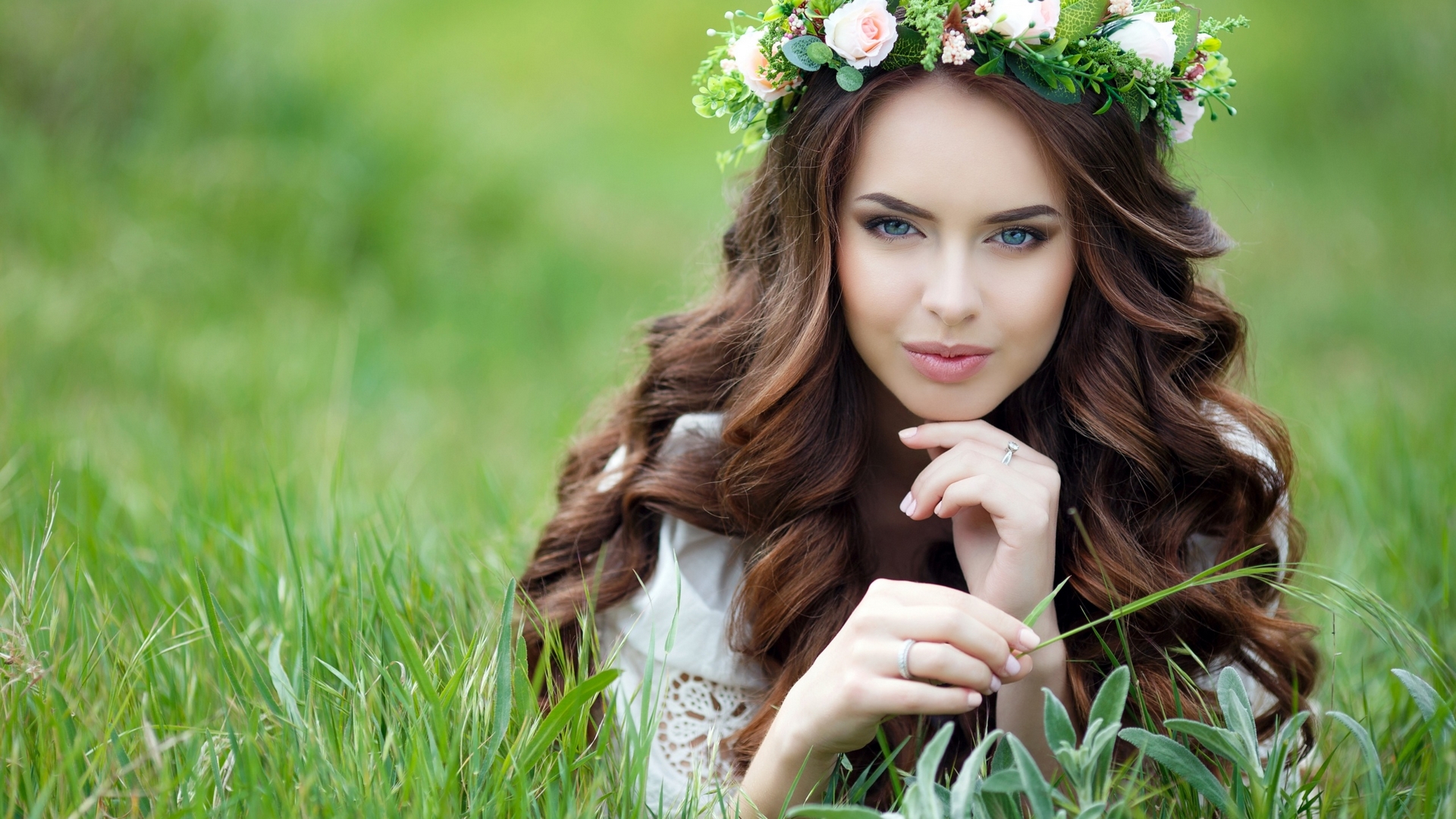 wreath, green, girl, model, flower, summer, woman, field, HD Wallpaper