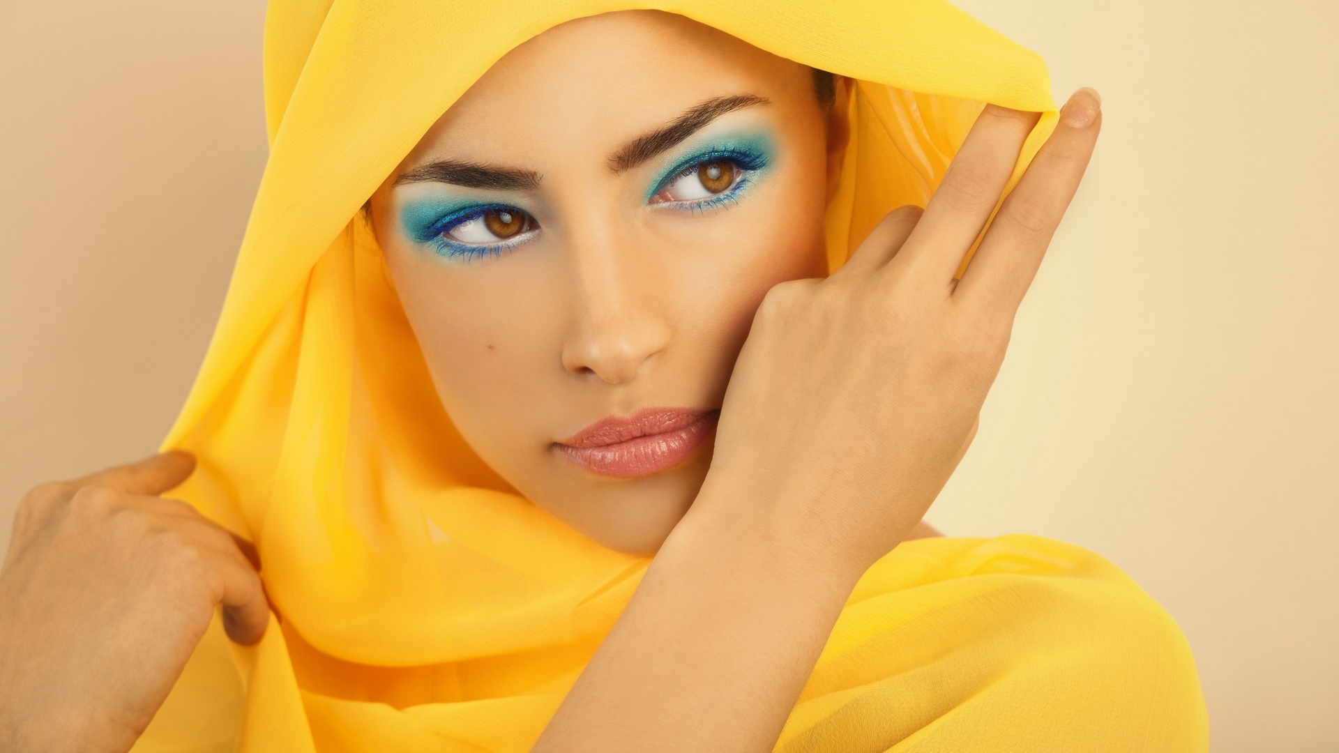 girl, model, scarf, hand, yellow, face, woman, blue, HD Wallpaper