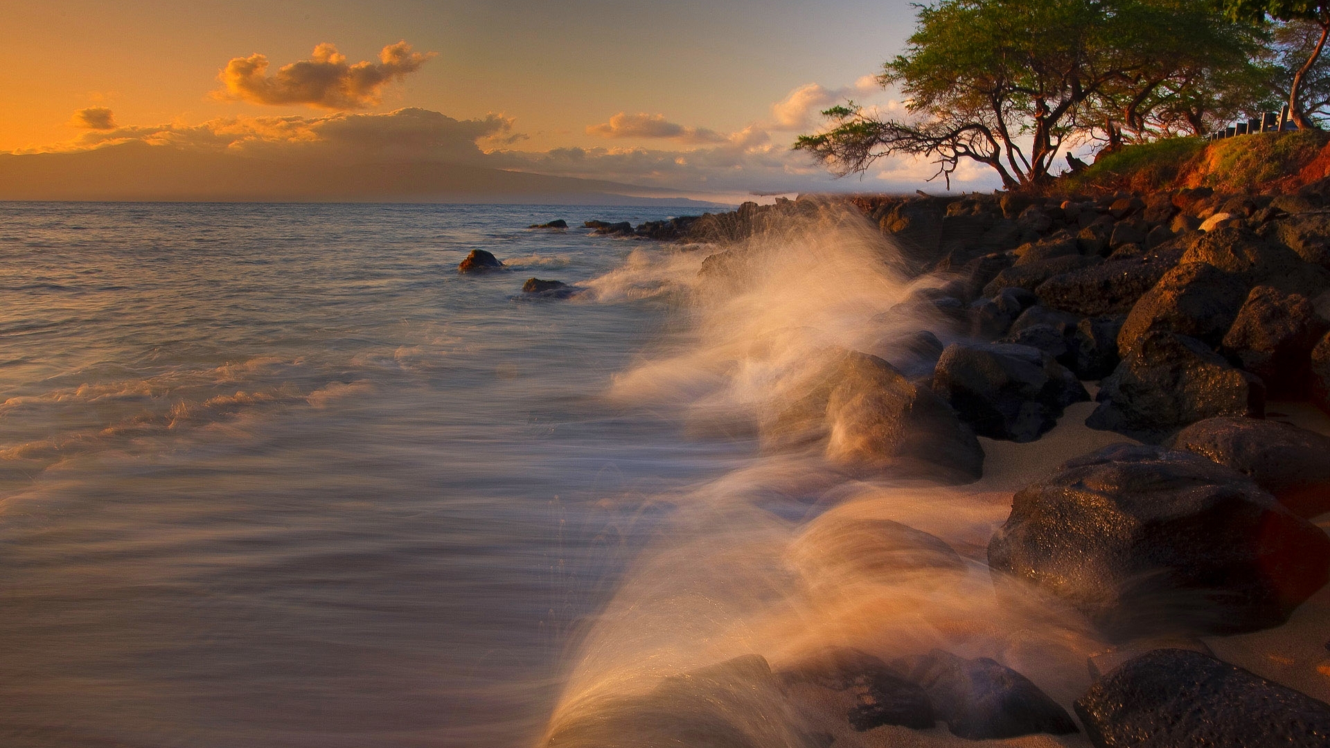 beach, stones, sunlight, sunset, trees, clouds, wave, HD Wallpaper