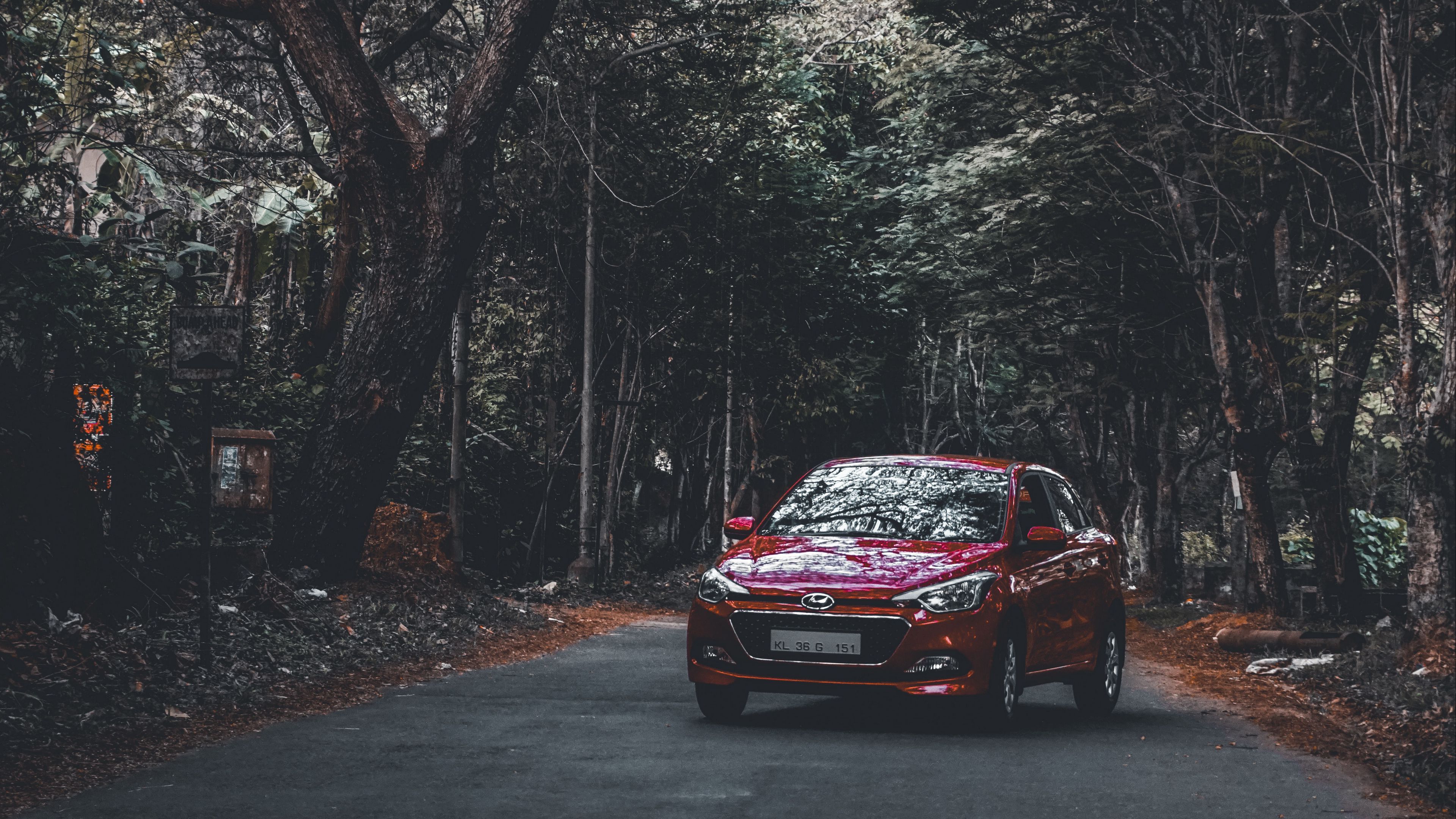 hyundai i20, hyundai, forest, road, 4k, HD Wallpaper